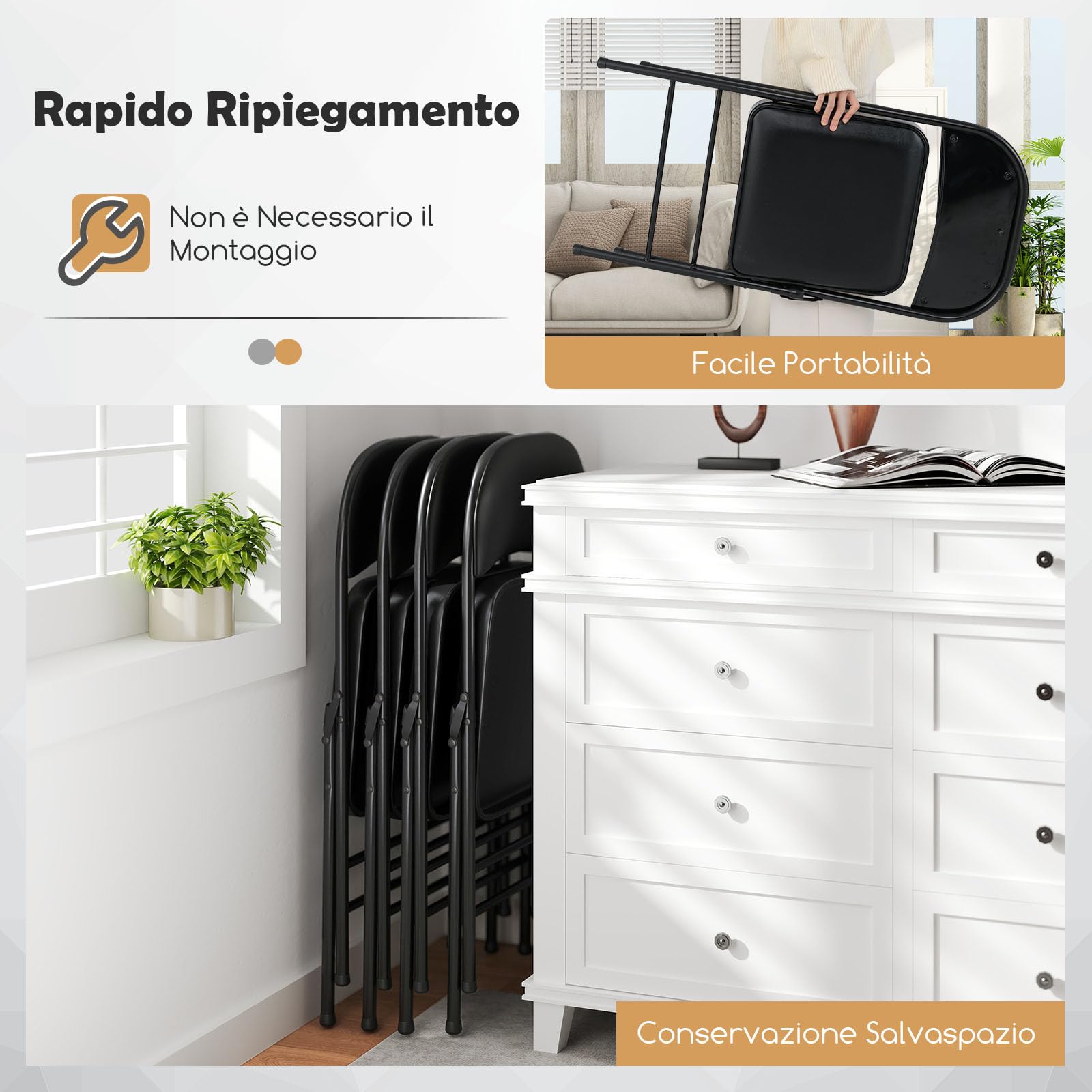 COSTWAY Set di 4 Sedie Pieghevoli, Sedia per Interno ed Esterno con Struttura in Metallo, Sedie Impilabili in Artificiale PVC, Portata 150kg, Sdraio Imbottite da Pranzo per Feste e Matrimoni (4)