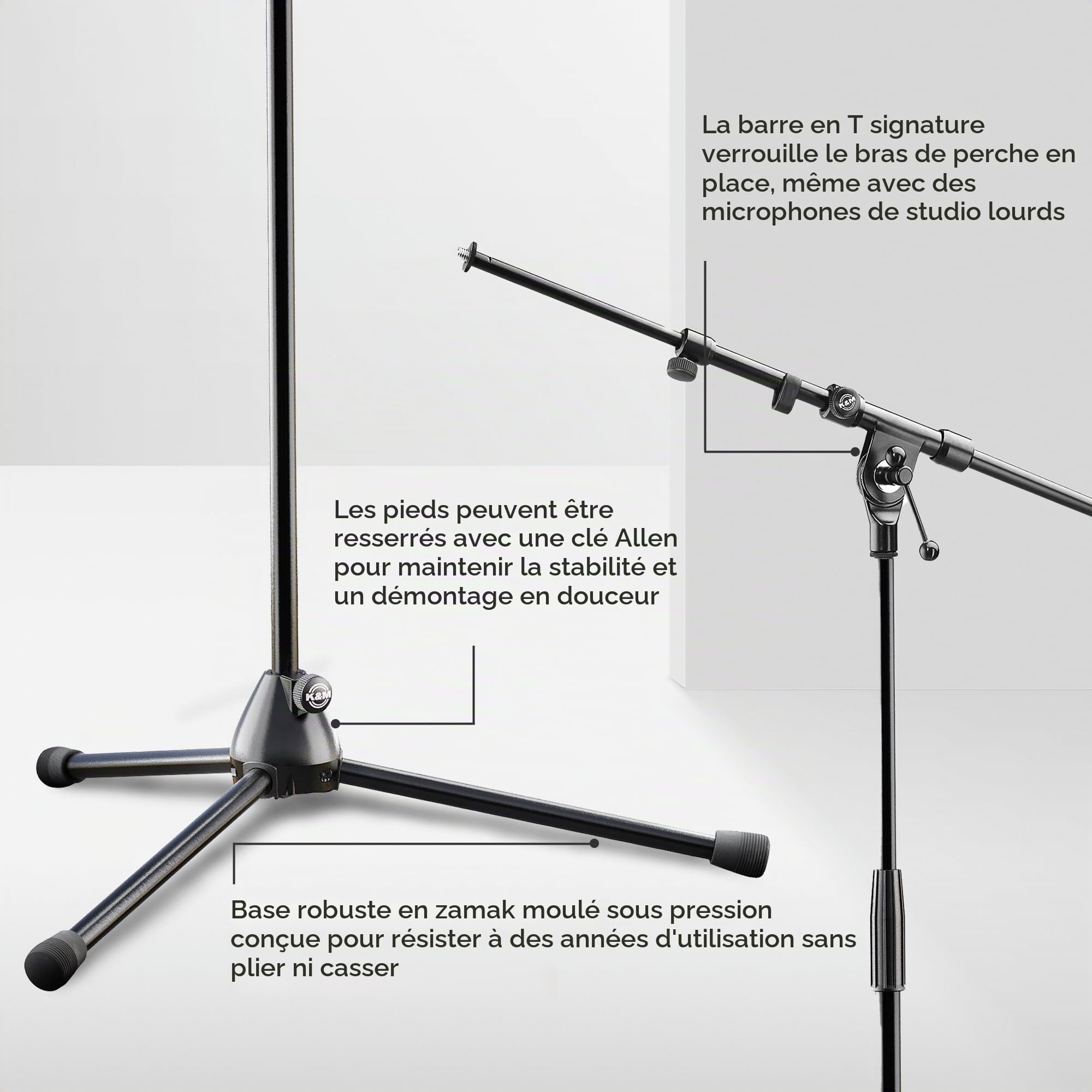 K&M 21090 Pied de micro Noir Acier chromé, bras pivotant, extensible jusqu'à 74,5 cm - 90-160 cm - raccord fileté 3/8