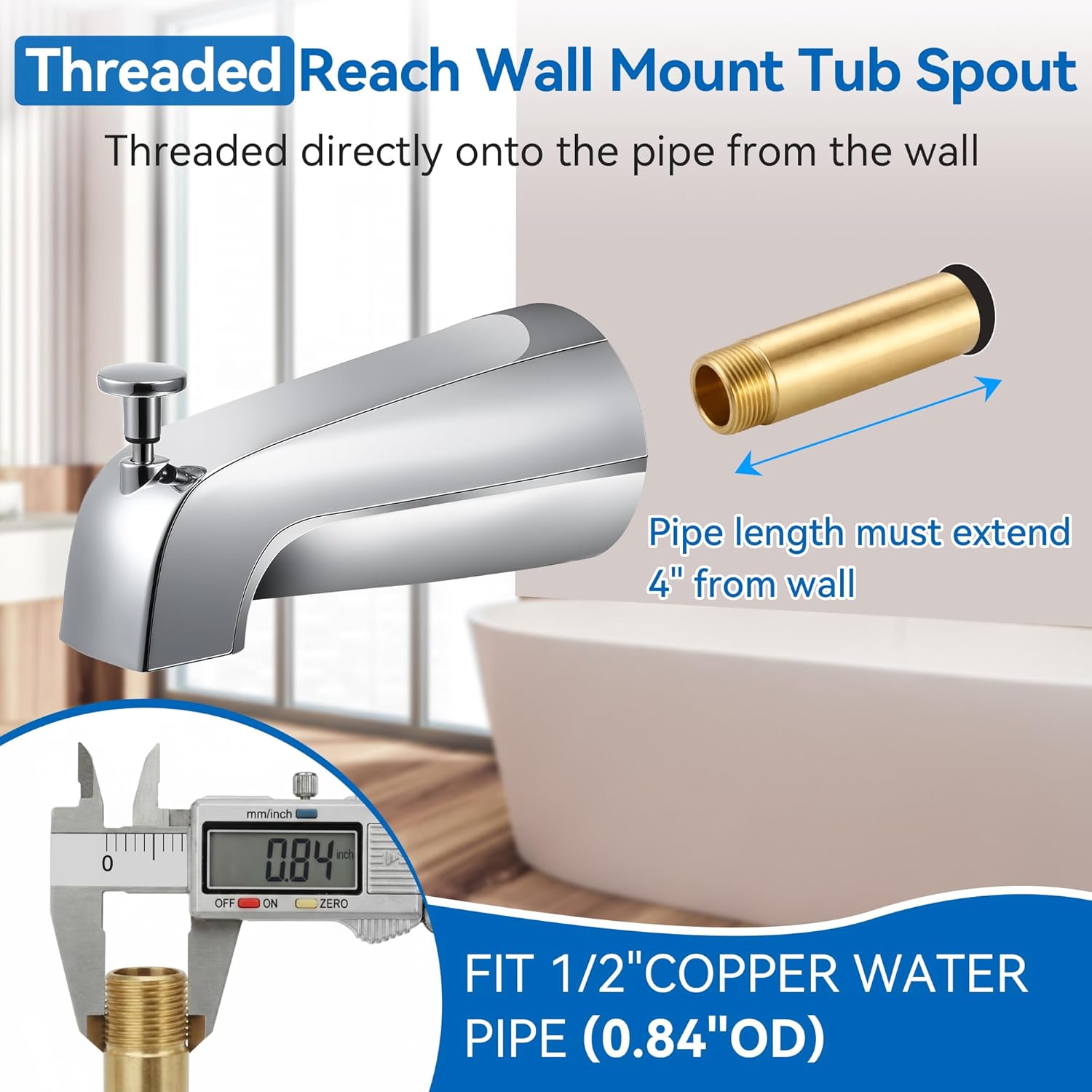 Dreyoo 5 1/4 Inch Bathroom Tub Spout Compatible with Westbrass E531D-1F-62, Fits Wall Front Mount Tub Spout with Shower Diverter 1/2'' IPS Inside Thread Bathtub Faucet (Chrome)