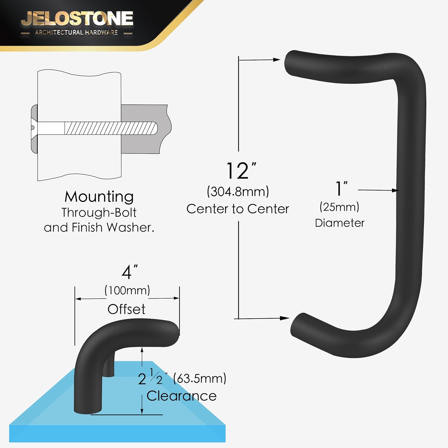 Aluminum 90-Degree Offset Solid Door Pull (Black Anodized), 1" Diameter x 12" Center-to-Center, Through Bolt Mounting for 1-3/4" Door, JS-8190HD