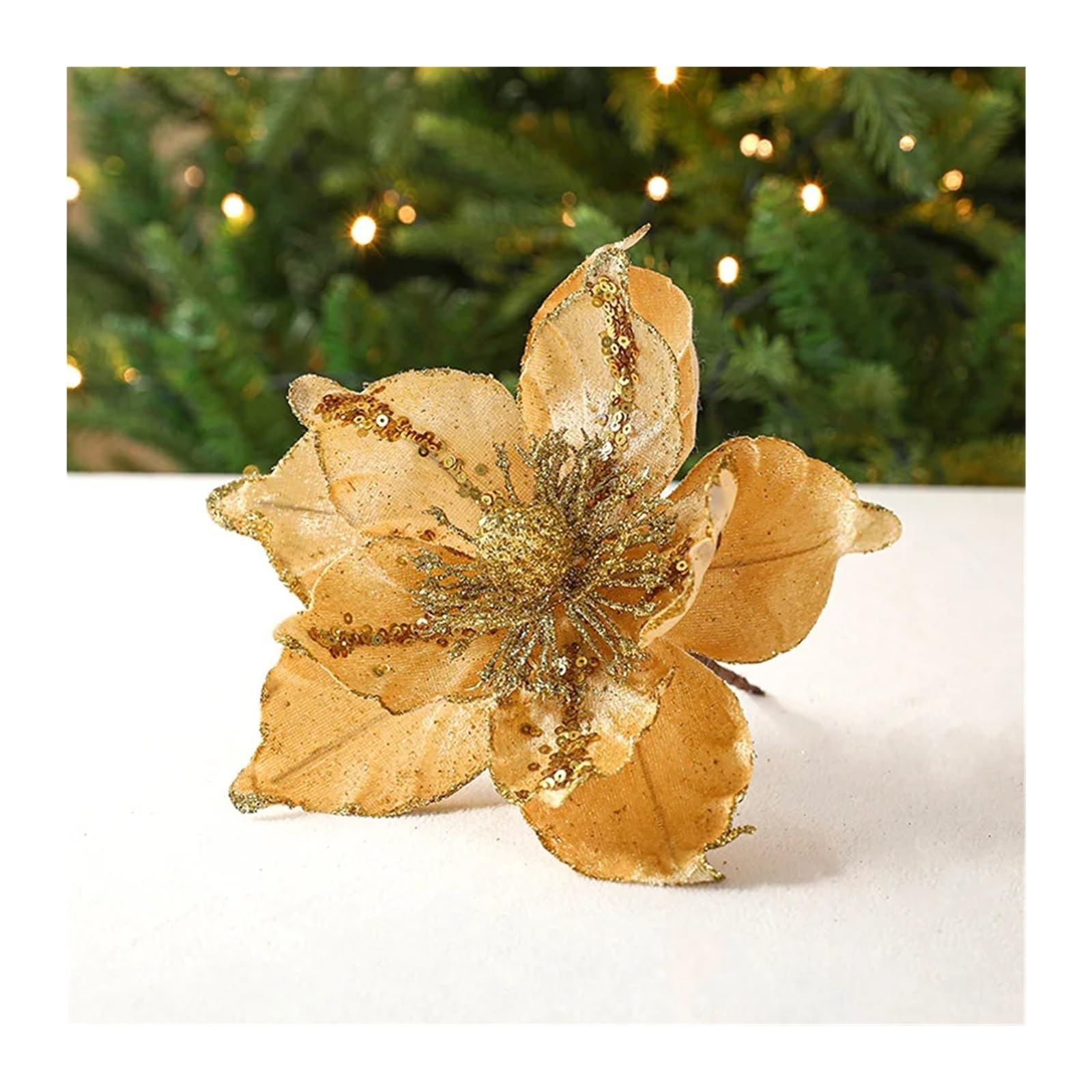 CVEVSFG Glitter Flower Artificial Flowers Head For Xmas Tree Pendant Party Home Decor Fake Garland Ornaments(A-gold)