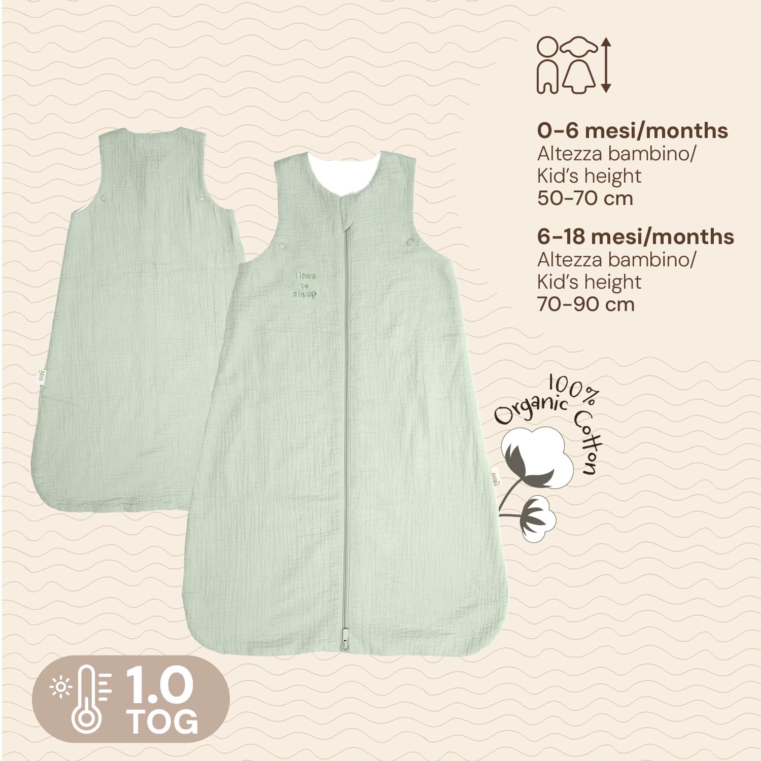 PERLETTI Sacco Nanna Tog 1 Estivo Primavera Cotone Organico - Senza Maniche e Piedini Neonato Bambino 0-6 Mesi e 6-18 Mesi - Leggero Confortevole Morbido con Cerniera Centrale