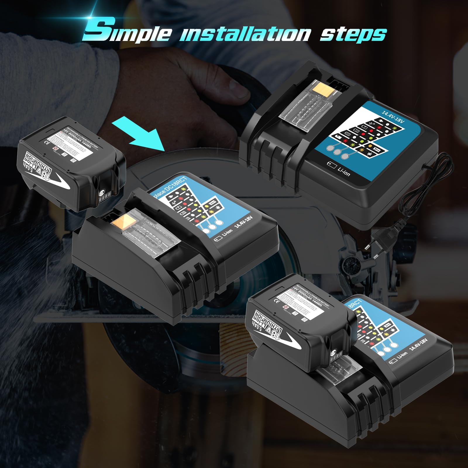 2pcs BL1860 5,5Ah batería de Repuesto para Makita batería 18V con Cargador | Repuesto para Makita Cargador 18V DC18RCT Compatible para 14.4V-18V BL1860 BL1850B