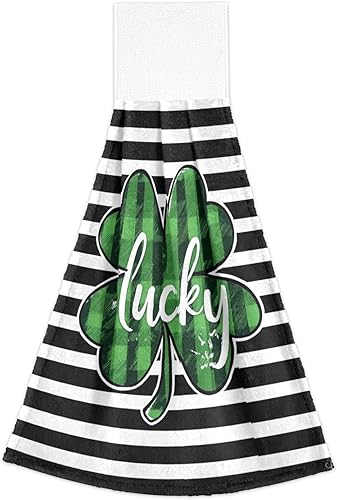 Miniatura 2 de Kcldeci Toallas de mano colgantes de trébol del día de San Patricio con lazo para colgar toallas de mano de trébol a rayas toallas de mano suaves y