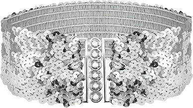 Women's Wide Waist Belt for Dress, Sequins Glitter Belt, Silver, Wide 55 cm, Elastic Glitter Belt for Glitter Jumpsuit, Silvery