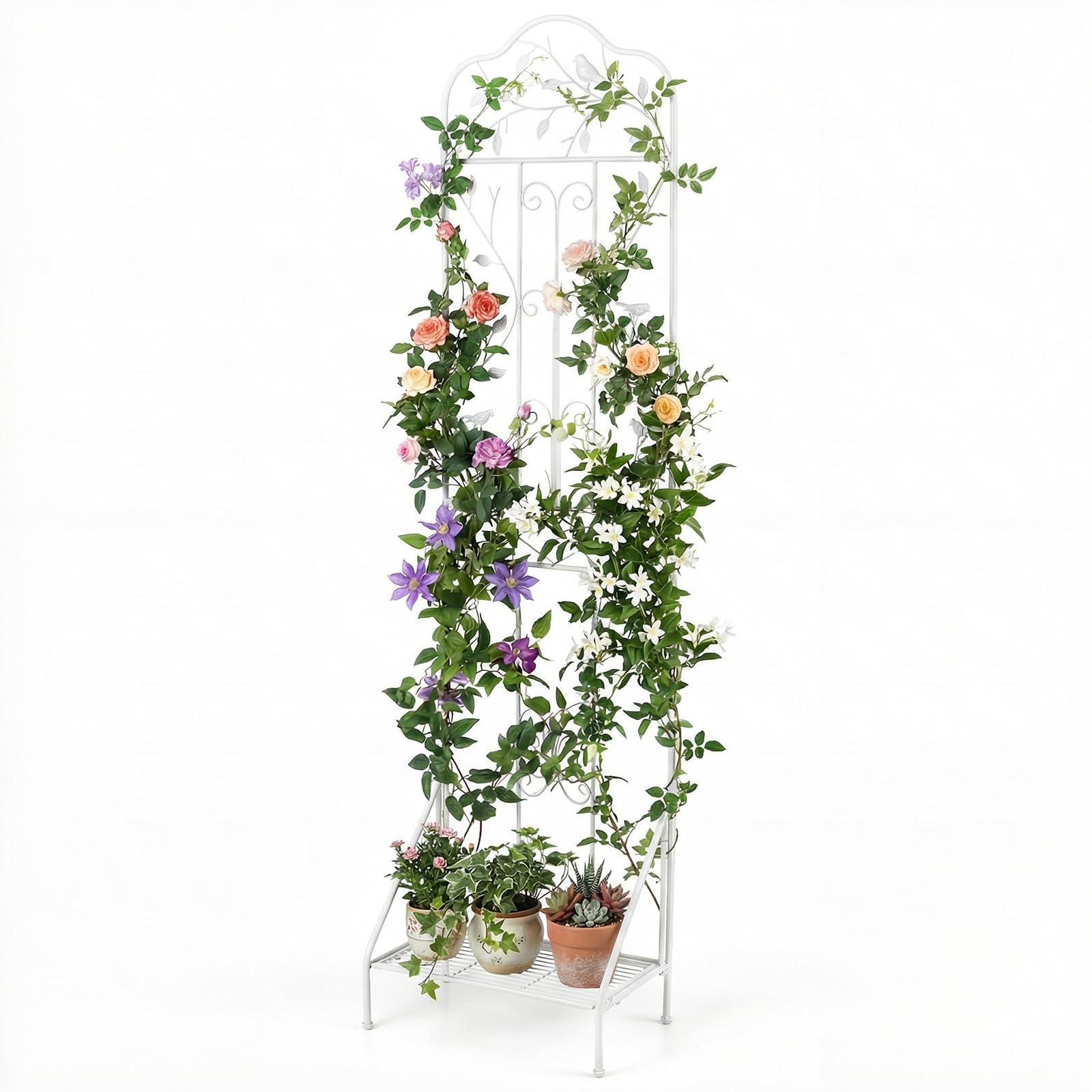 HOMASIS Enrejado para trepadoras con estante extraíble, panel de rejilla de exterior para valla de metal, enrejado decorativo para plantas trepadoras, 50 x 189,5 cm (1, blanco)