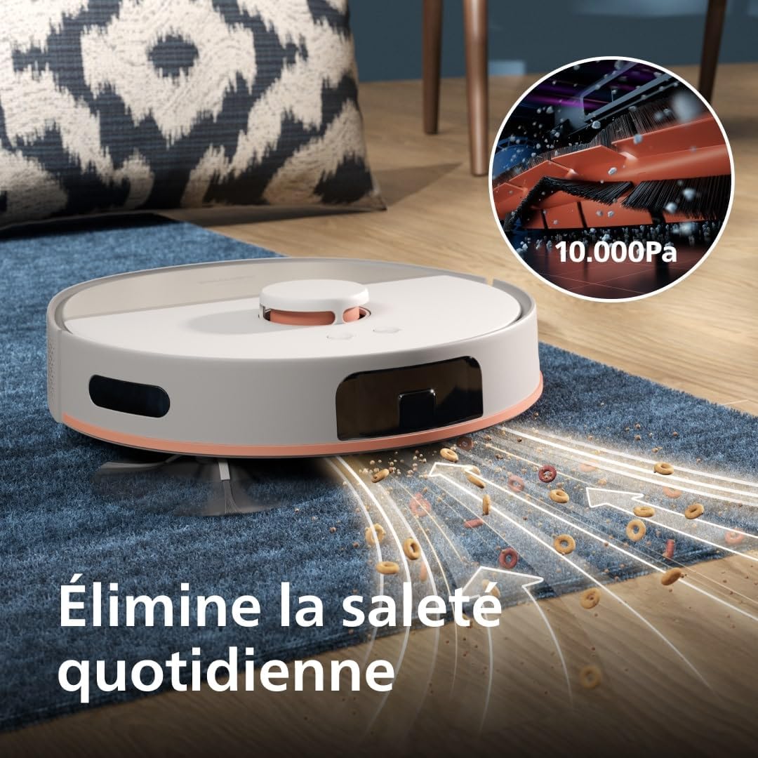 Philips HomeRun 5000 Series Robot Vacuum cleaning a carpet with visible debris being suctioned