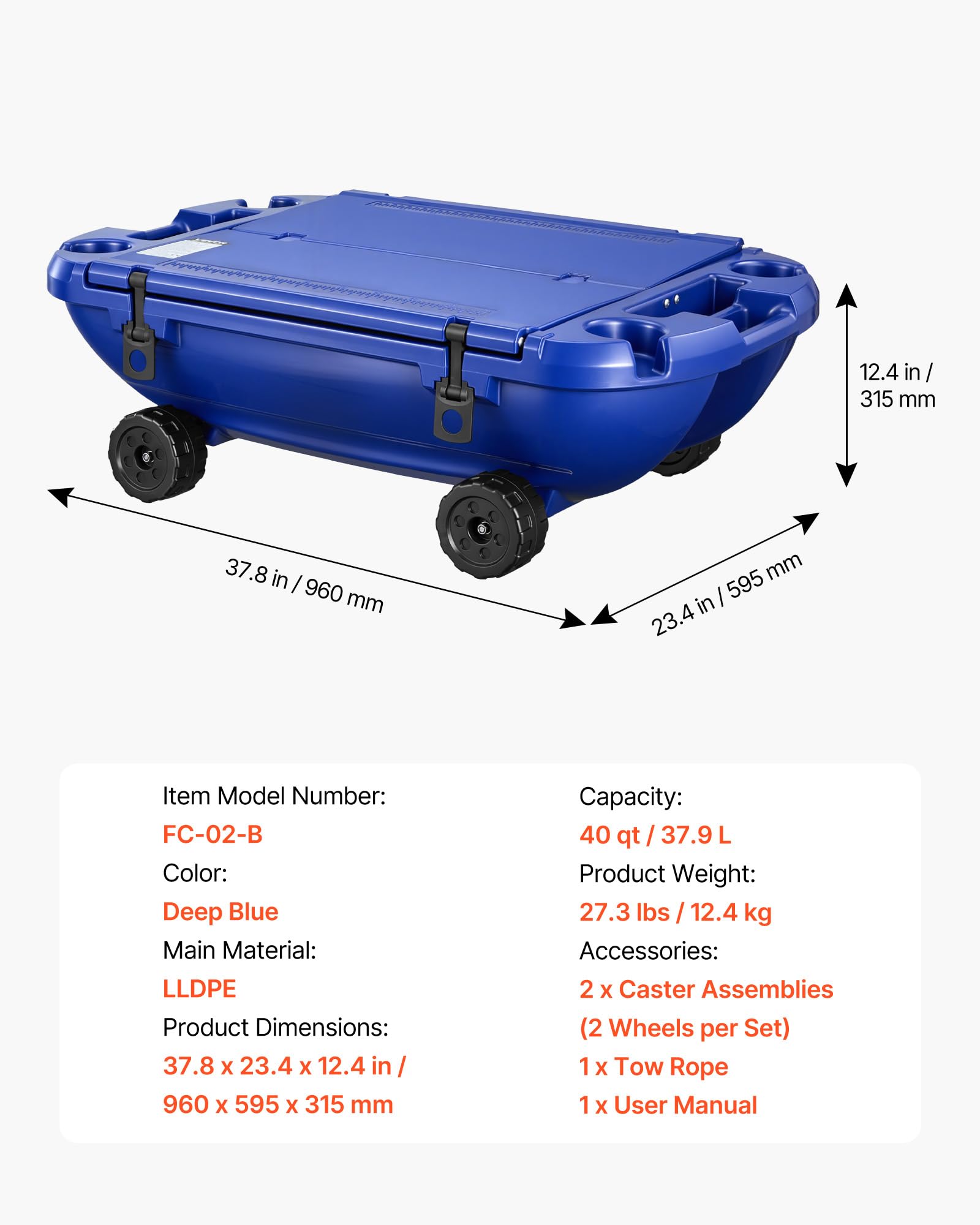 VEVOR Nevera Flotante 37,9 L Enfriador Flotante para Agua y Tierra con Carcasa Rígida Aislada, Ruedas, Cuerda de Remolque, Asas Laterales, Portavasos para Playa Bebida Barco Piscina, Color Azul Oscuro