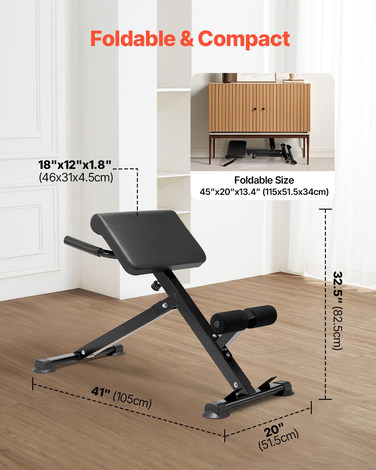 VEVOR Banco de Hiperextensión con Silla Romana, Máquina de Extensión Ajustable y Plegable de 113 kg, Equipo de Ejercicio Multifunción para Glúteos, Isquiotibiales, Espalda y Abdominales, Negro