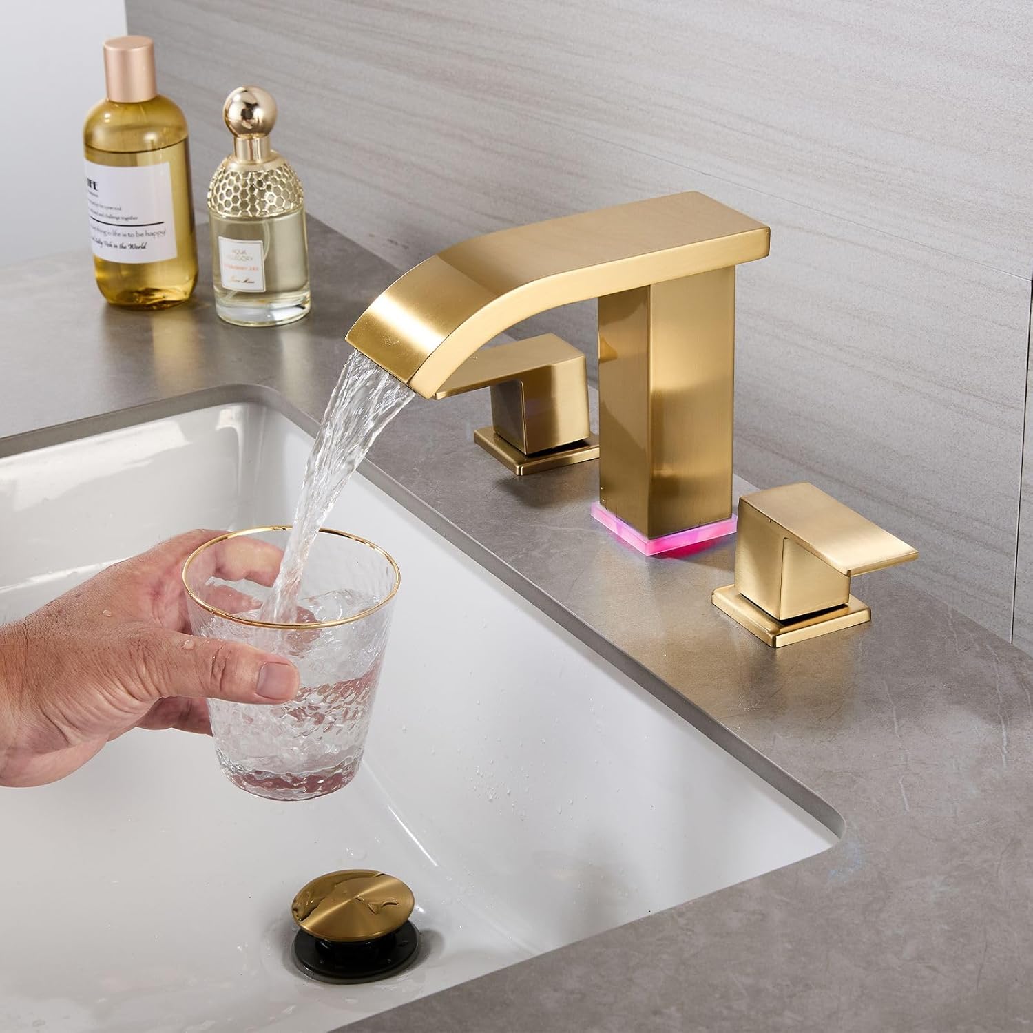 LED Light Widespread Bathroom Faucets for Sink 3 Hole Waterfall Brushed Gold-Bathroom Faucet with Pop-up Drain Assembly, 8 Inch Bathroom Sink Faucet 2-Handles,Modern Lavatory Vanity Faucet