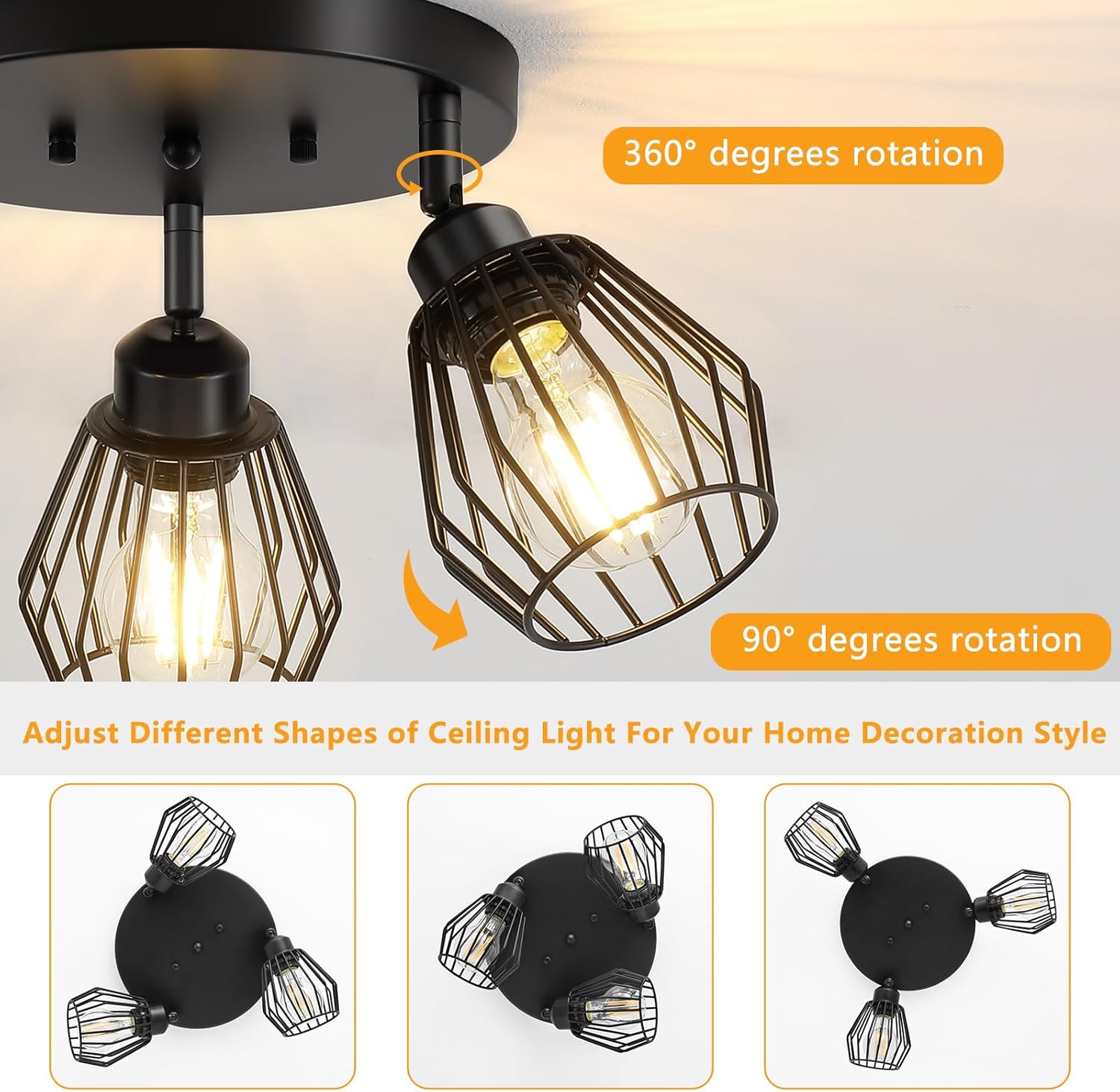 3-Light Kitchen Light Fixtures Ceiling Mount, Adjustable Multi-Directional Farmhouse Black Metal Cage Flush Mount Ceiling Light Fixtures for Hallway Dining Room Entryway