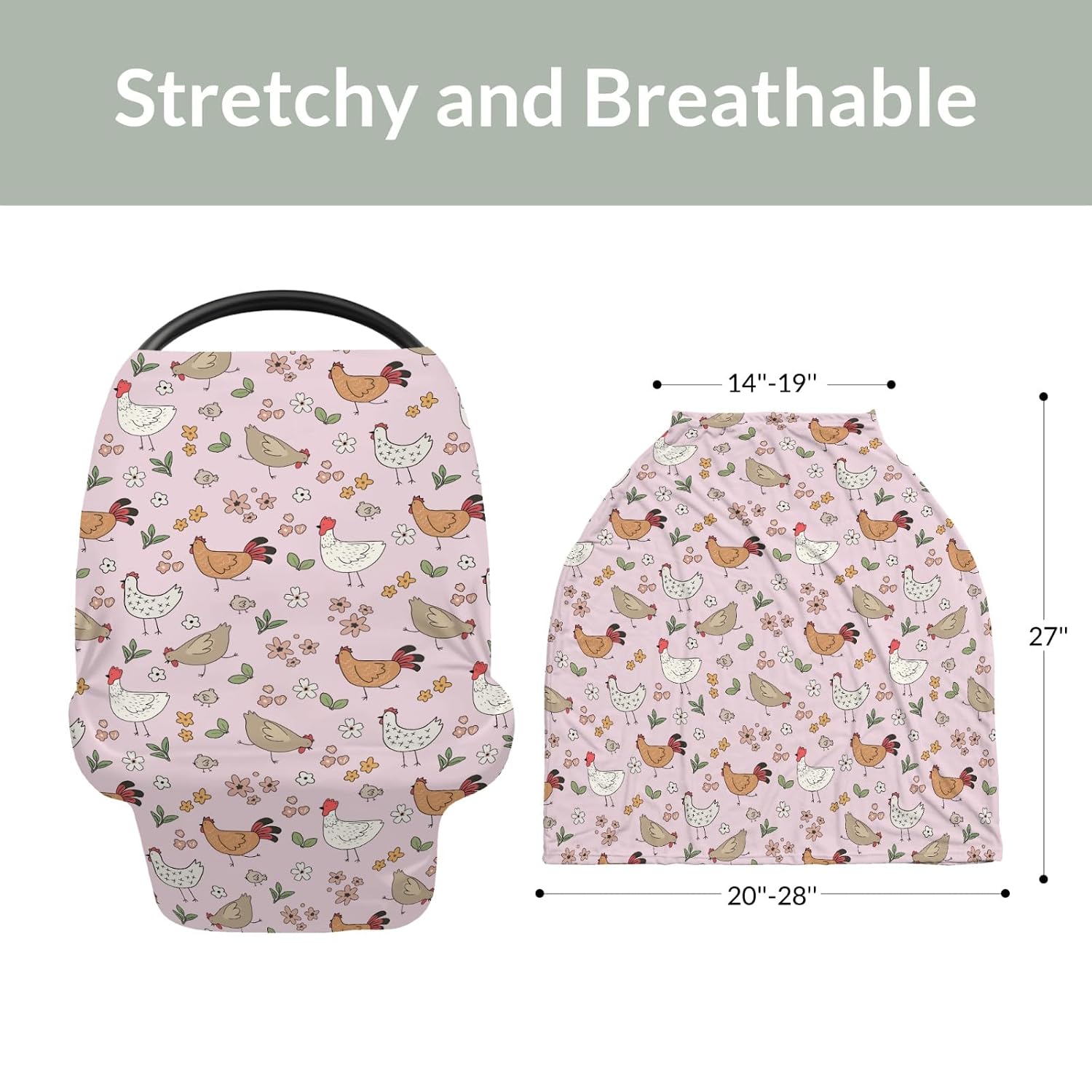 Cute Chicken Boho Floral Car Seat Cover for Baby Chickens Flowers Leaves Stretchy 5-in-1 Cover Adjustable Car Canopy Breastfeeding Cover Spring Farm Animal Breathable Nursing Cover-Up