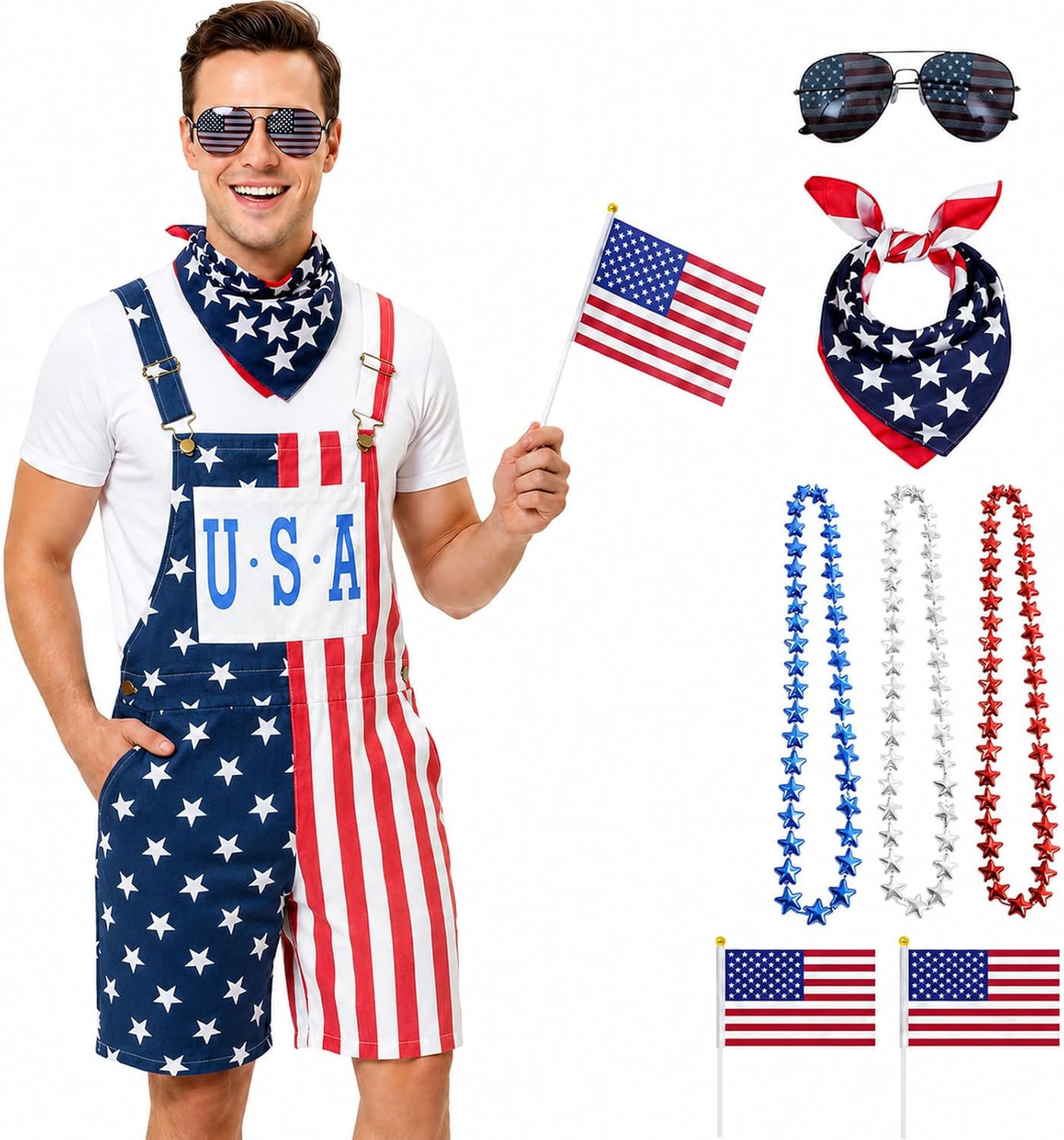 Mens American Flag Overalls, American Flag Bib Shorts Jumpsuits,4th of July Overalls with Accessories Set