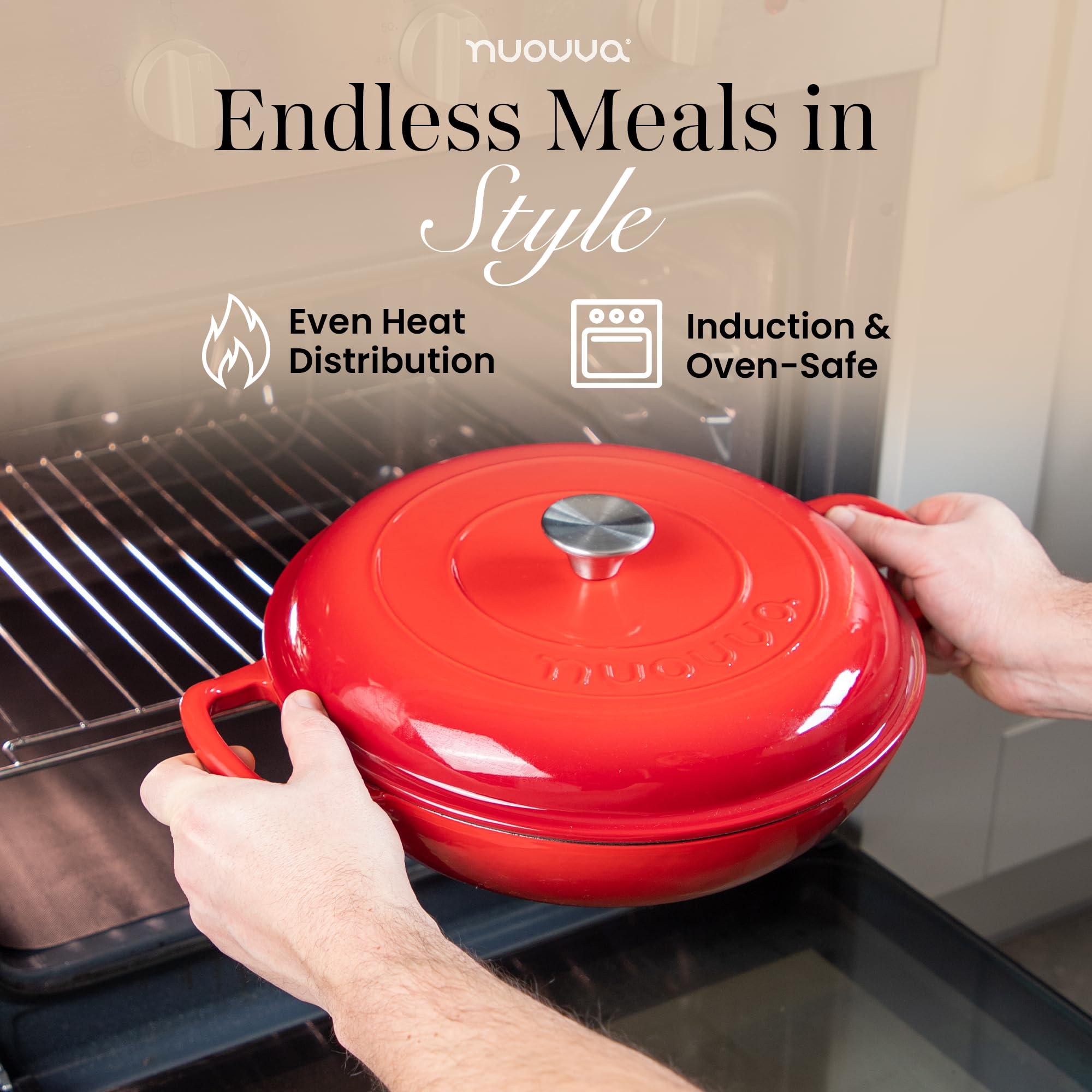Casseruola bassa in ghisa con coperchio – casseruola antiaderente – pentola resistente, adatta al forno – pentola smaltata – rossa, 3 l, 30 cm – di Nuovva - 4