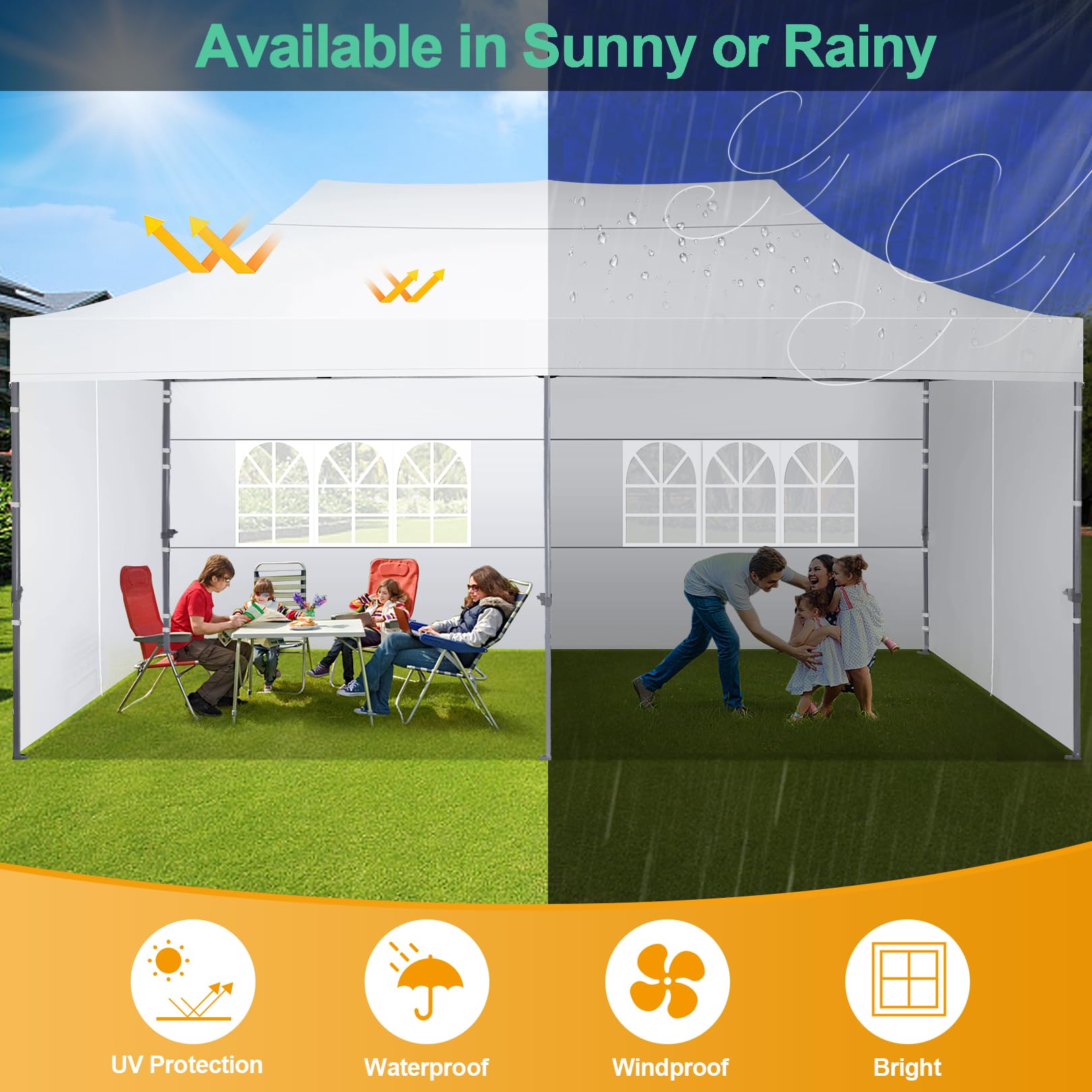 COBIZI Gazebo pieghevole 3x6 impermeabile, tenda da giardino all'aperto con pareti laterali, anti raggi UV, tenda per esterni, spiaggia, terrazza (3x6 m, bianco)