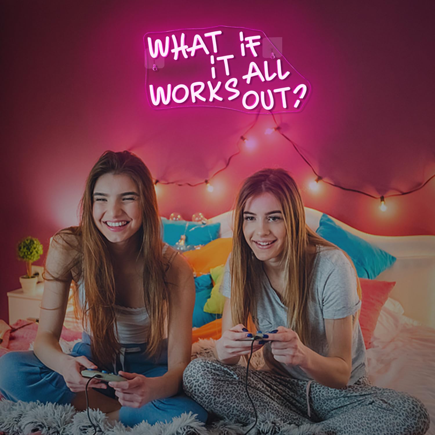 ineonlife 'What if it All Works Out' neonowy znak do dekoracji ścian, ściemniane, neonowe znaki świetlne LED, 5 V/2 A, zasilany przez USB, różowy znak świetlny, do salonu, biura, na imprezę, do