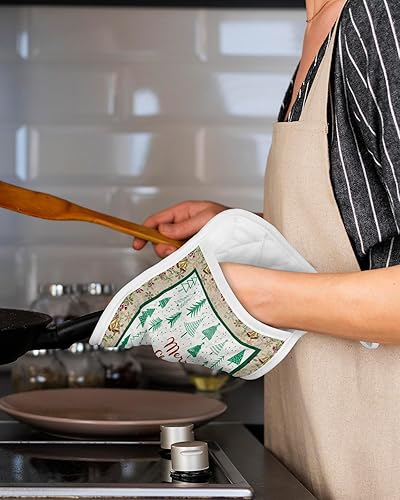 Miniatura 5 de Juego de 2 soportes para ollas de Navidad para cocina, antideslizantes y aislantes de calor, juego de agarraderas de tela de toalla con bolsillo,
