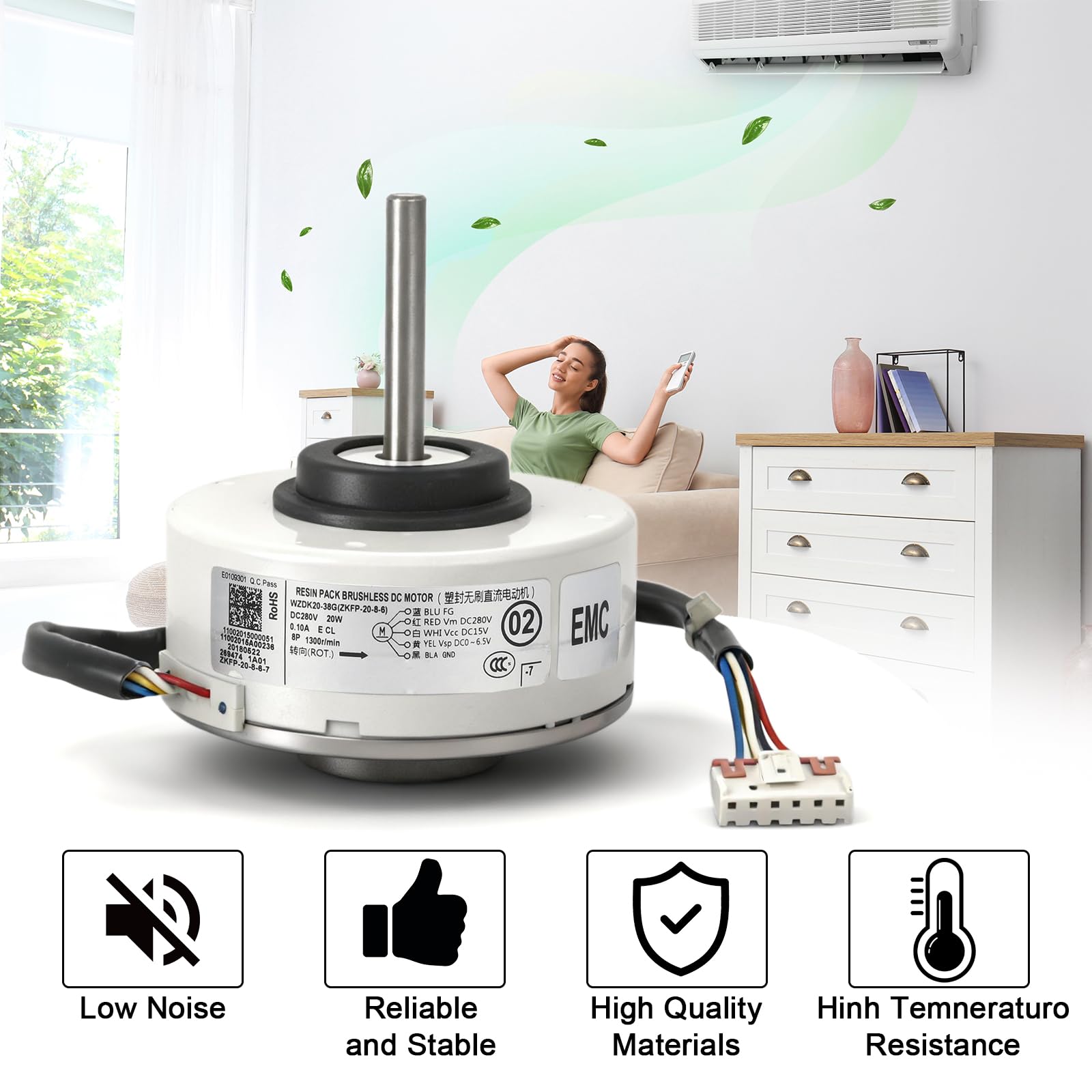 ZKFP-20-8-6 Motor de ventilador de aire acondicionado, OEM WZDK20-38G 20W inversor de aire acondicionado sin escobillas Motor CC para aire acondicionado central, CCW 1300rpm DC 280V 0.10A
