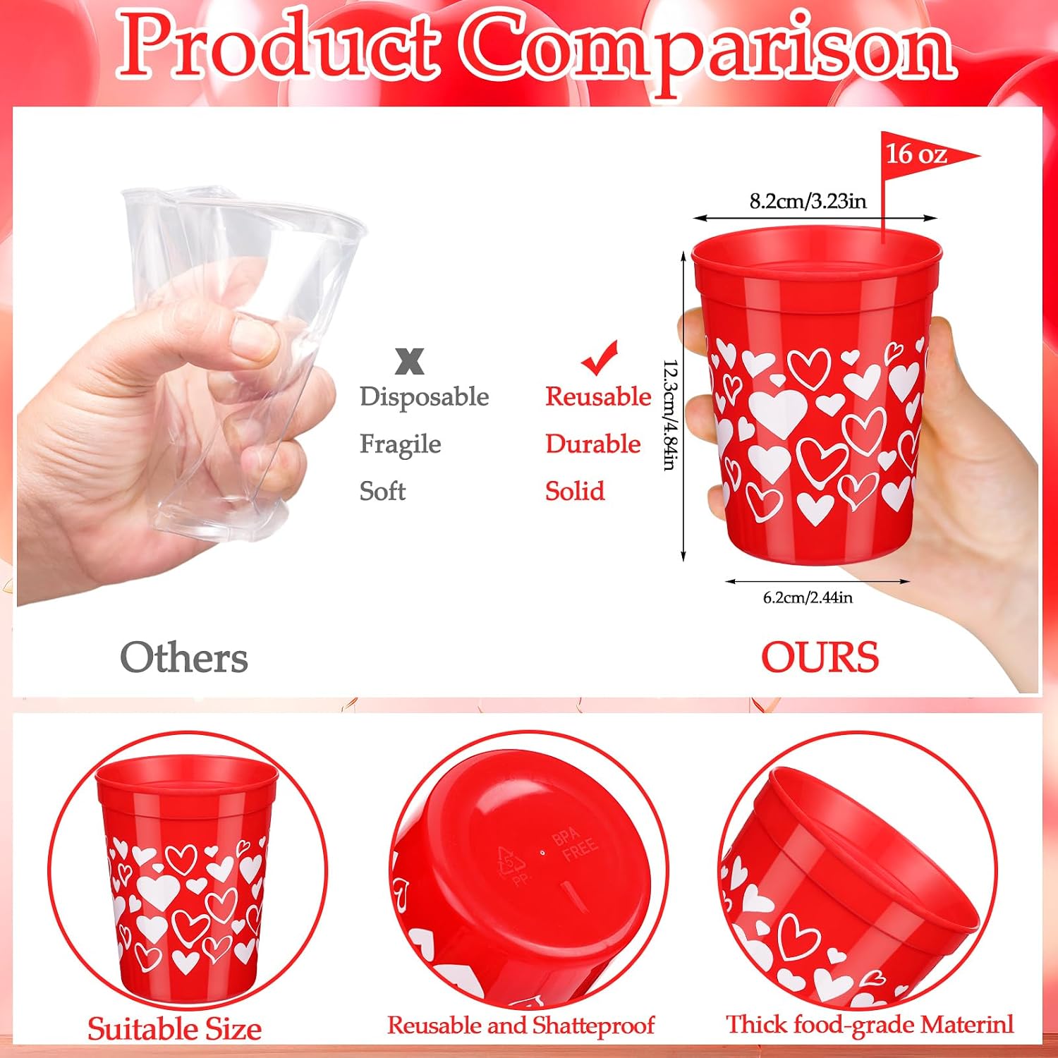 Uiifan 24 Pcs Valentine's Day Heart Plastic Cups Bulk Reusable 16 oz Happy Valentine's Day Plastic Cups Favor for Wedding Anniversary Dinner Galentine's Day Party Supplies