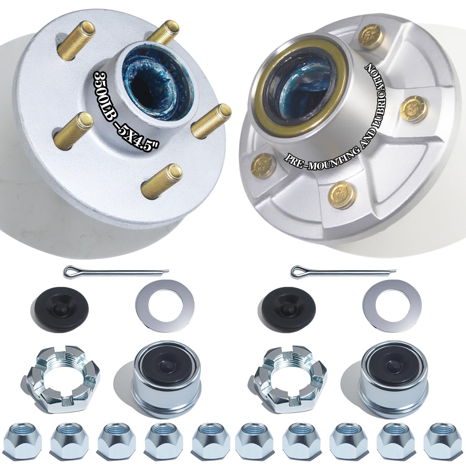 Photo 1 of ?OZISENS 2 Sets 3500 lbs Pre-Iubricated Galvanized Trailer Hub Kits 5 Bolt 4.5 for 1-1/16'' to 1-3/8'' #84 Tapered Spindle,Trailer Hub Kit with Pre-Assembled L44649 & L68149 Bearings and Grease Seal