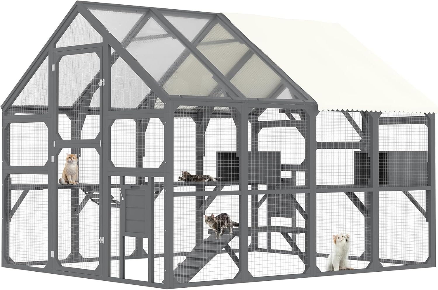 Extra Large Catio Outdoor Cat Enclosure - Weatherproof Wooden Cat House with 7 Platforms & Walk-in Door | 96"x74" Large Cat Cage for Multiple Cats | Grey