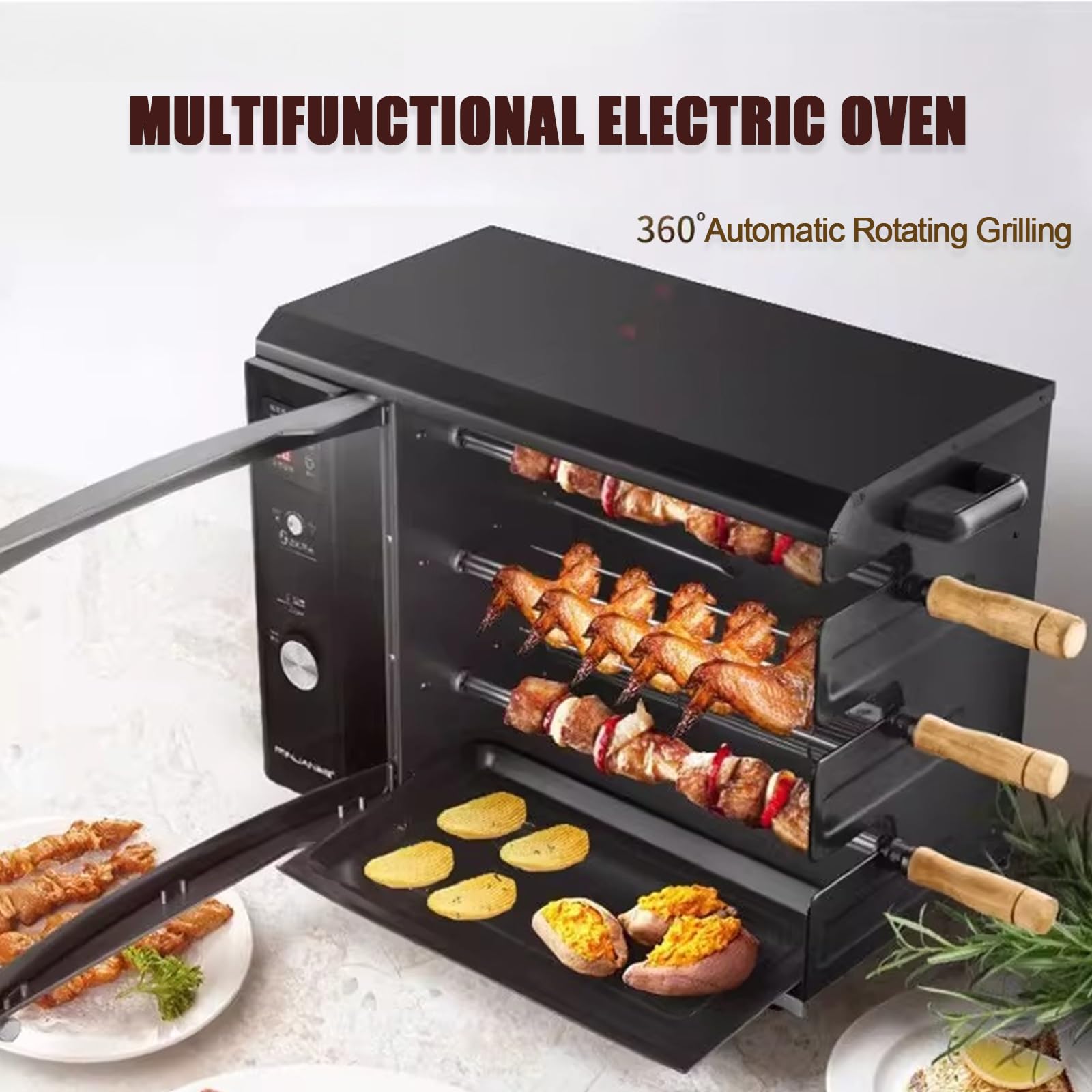 220V Elektryczny grill rożenowy z automatycznie obracającym się szpikulcem i płytą grillową, bezdymny grill do kurczaka i ryb, regulowana temperatura i timer (forked)