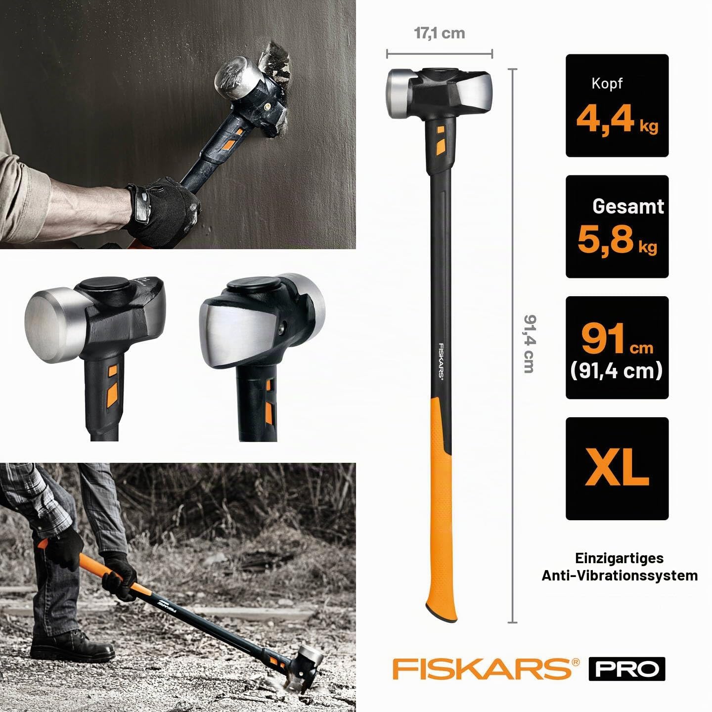 Fiskars Vorschlaghammer IsoCore XL zum Eintreiben von Holzpfählen oder Abbrucharbeiten, Länge: 92 cm, Gewicht: 5,67 kg, Schwarz/Orange, 1020164
