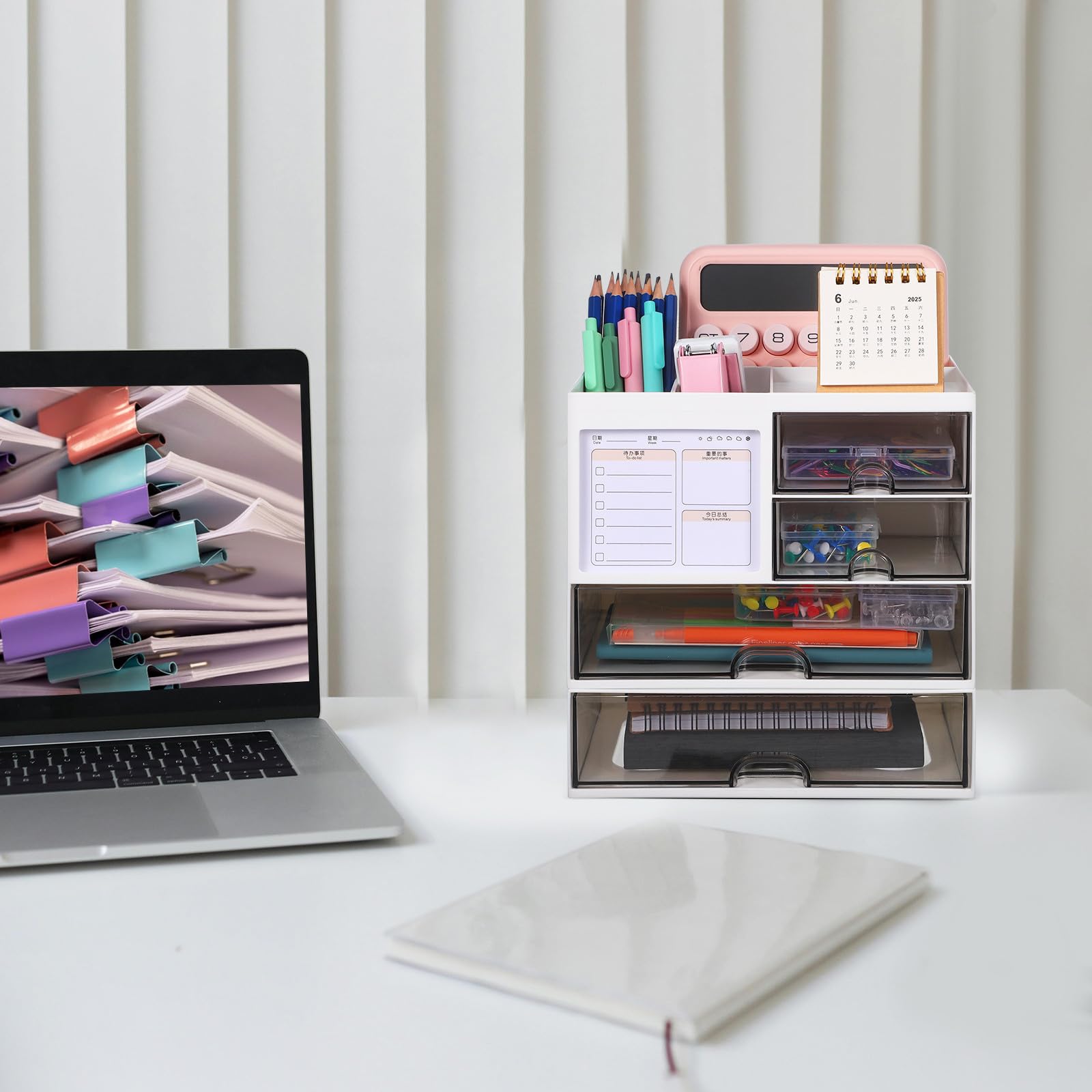 Organizador de Escritorio de Oficina con Cajones Múltiples, Caja de Almacenamiento de Plástico Blanco para Mantener Orden en Workspace y Escuela