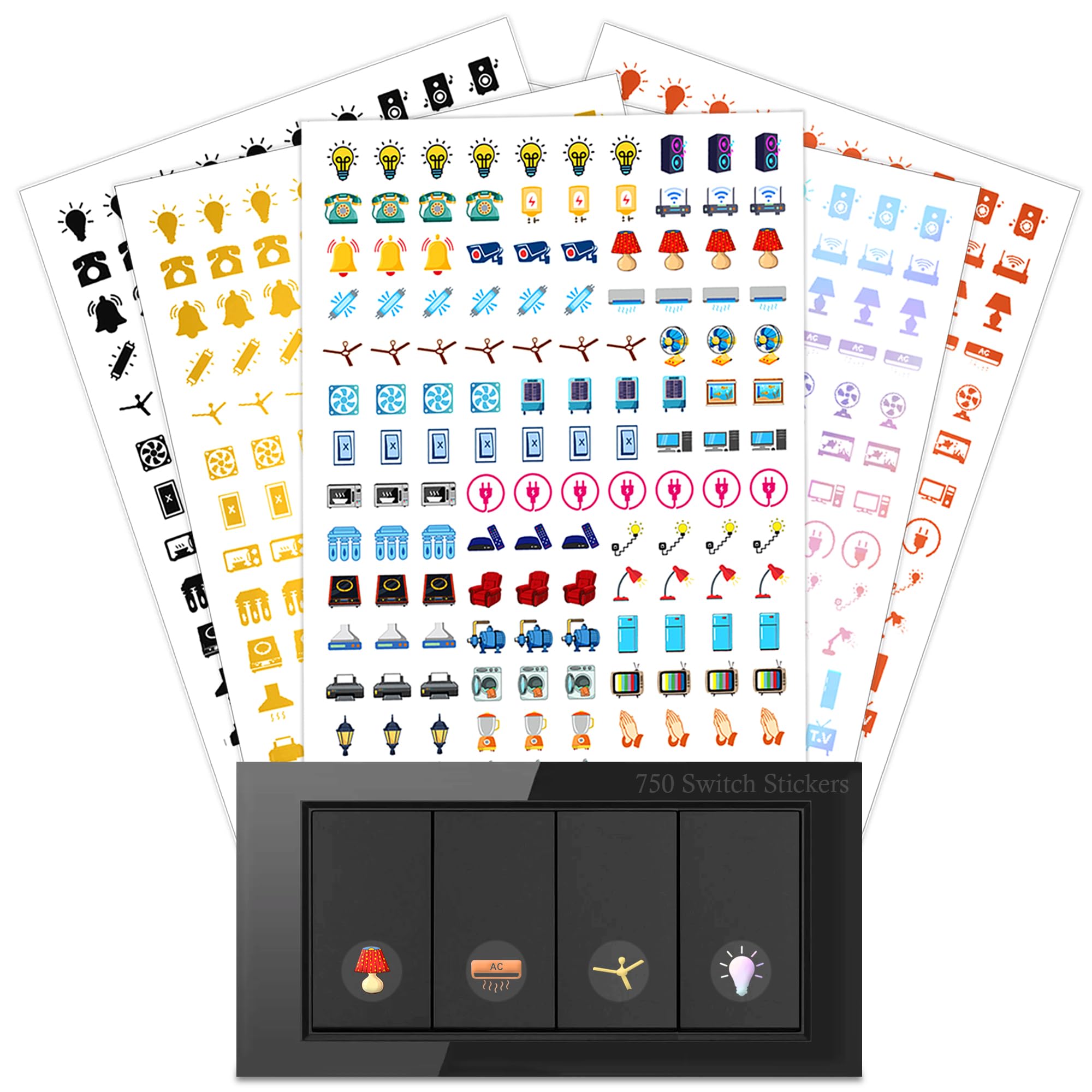 GLUN® 750+ Switch Board Button Stickers for Home,60+ Icons for Fan Light Fridge AC, 5 in 1 Gold, Rose Gold, Rainbow Color Fusion, Black, & Colourful Labels, Decorative Switch Stickers for Switchboard