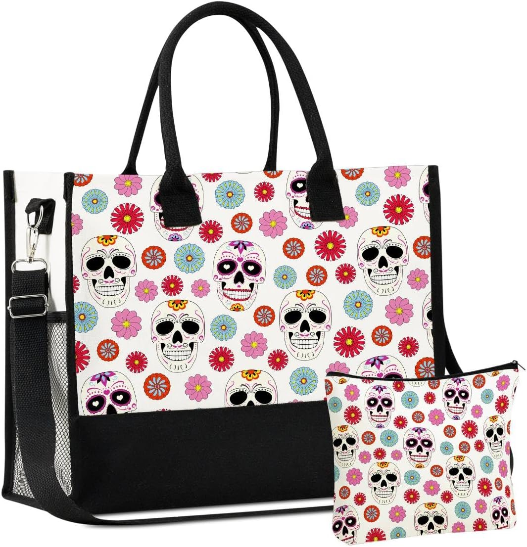 InnoBeta Sugar Skull Gifts Canvas Tote Bag with Top Zipper Closure and Shoulder Strap for Birthday, Mother's Day, Christmas