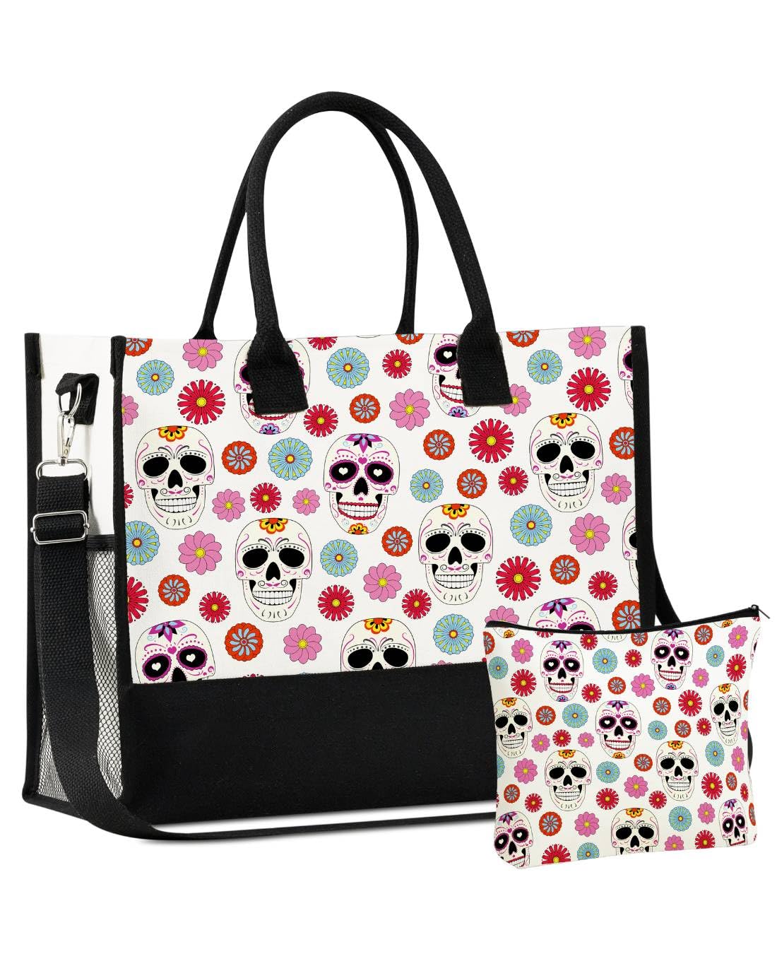 InnoBeta Sugar Skull Gifts Canvas Tote Bag with Top Zipper Closure and Shoulder Strap for Birthday, Mother's Day, Christmas