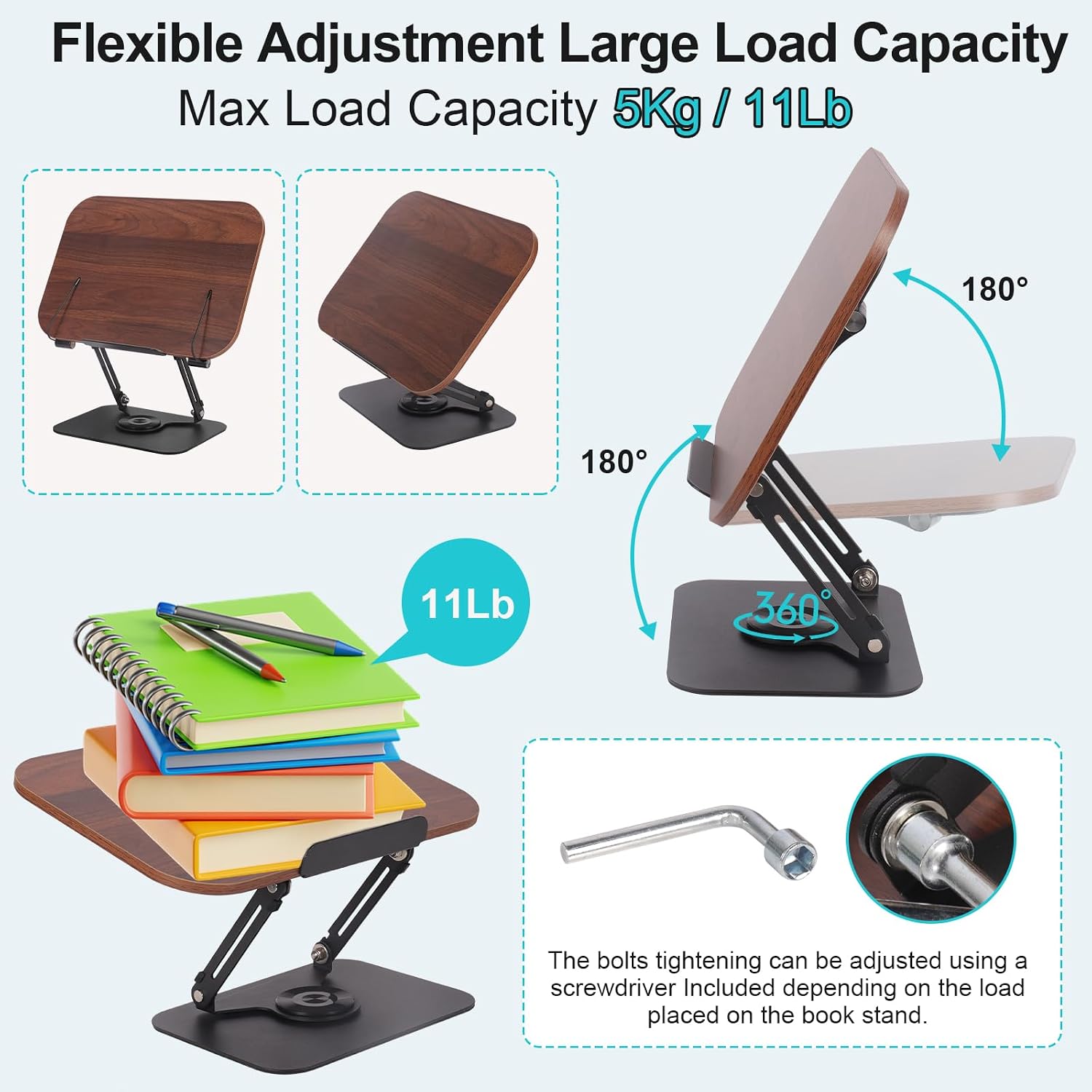 Book Holder for Reading, Adjustable Cookbook Stand with 360° Swivel Base Foldable Recipe Book Stand Portable Bookstands Document Holder with Page Clips for Textbook Kindle Tablet Office (Black)