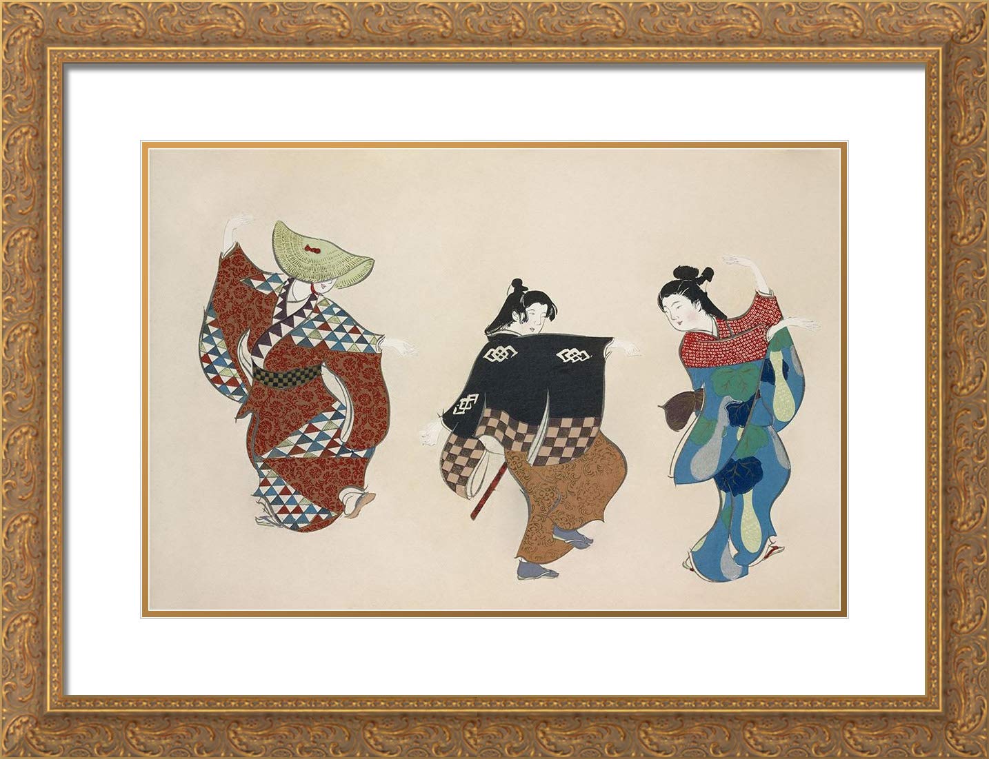 Sekka, Kamisaka 38x28 Large Gold Ornate Frame and Double Matted Museum Art Print Titled Dancers from Momoyogusa