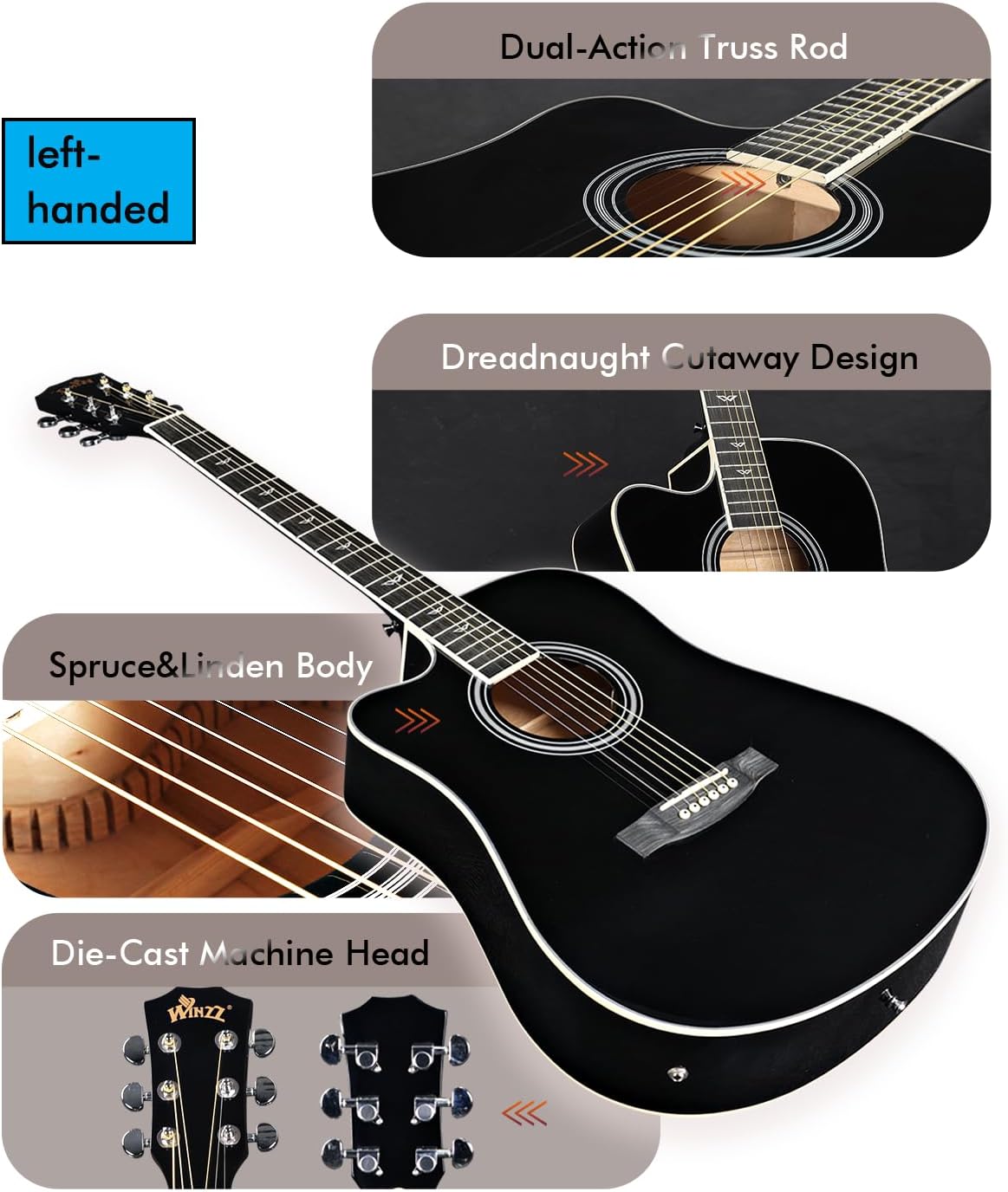 Winzz Electro-Acoustic Guitar for Adults, 4/4 Full Size Beginner Guitar Folk for Children over 12 years (Left Handed Black)