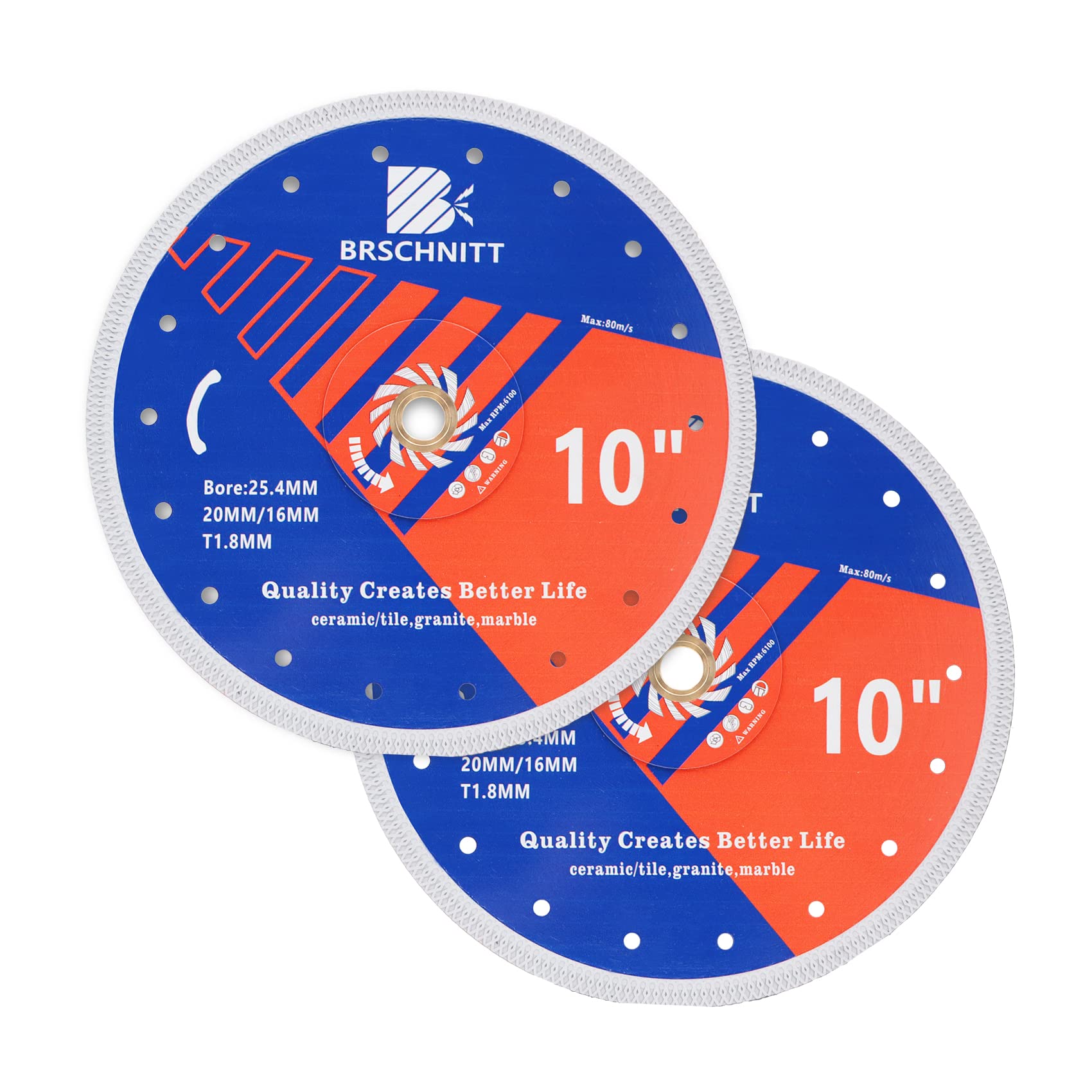 Super Thin Diamond Porcelain Saw Blade with X Teeth,BRSCHNITT 2pcs 10 Inch (250mm) Diamond Cutting Disc with Reinforced Core Center for Dry/Wet Cutting Porcelain Tile Ceramic Marble Granite