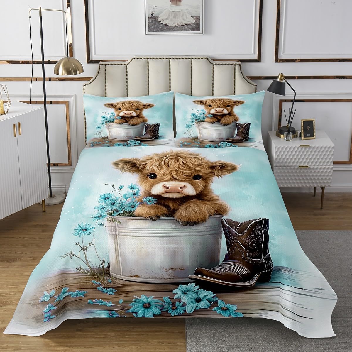 Erosebridal Cartoon Cow Coverlet Set Queen Size Highland Cows Bedspread for Kids Boys Girls Daisy Floral Wood Boots Rustic Blue White Quilted Coverlet Soft Luxury Quilted