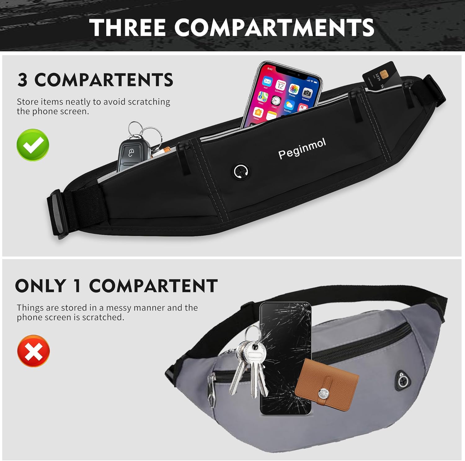 Slim Running Belt Fanny Pack, Waist Pack Bag for Women Men, Running Pouch for Phone Waterproof Reflective with 3 Pouches, Running Phone Holder for Sports, Traveling (Black) - Image 3