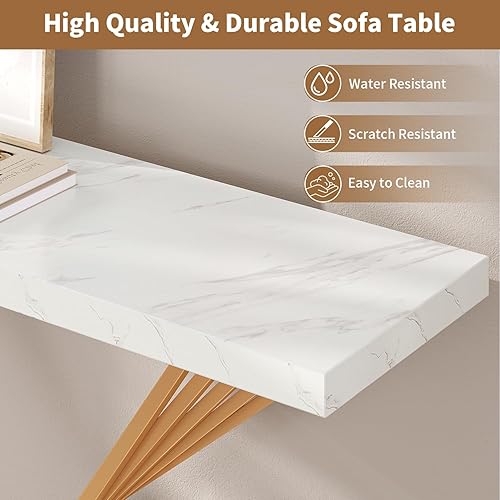 Miniatura 3 de Mesa consola dorada de 39.4 pulgadas, mesa de entrada moderna de mármol sintético blanco, mesa de sofá detrás del sofá para entrada, pasillo, sala