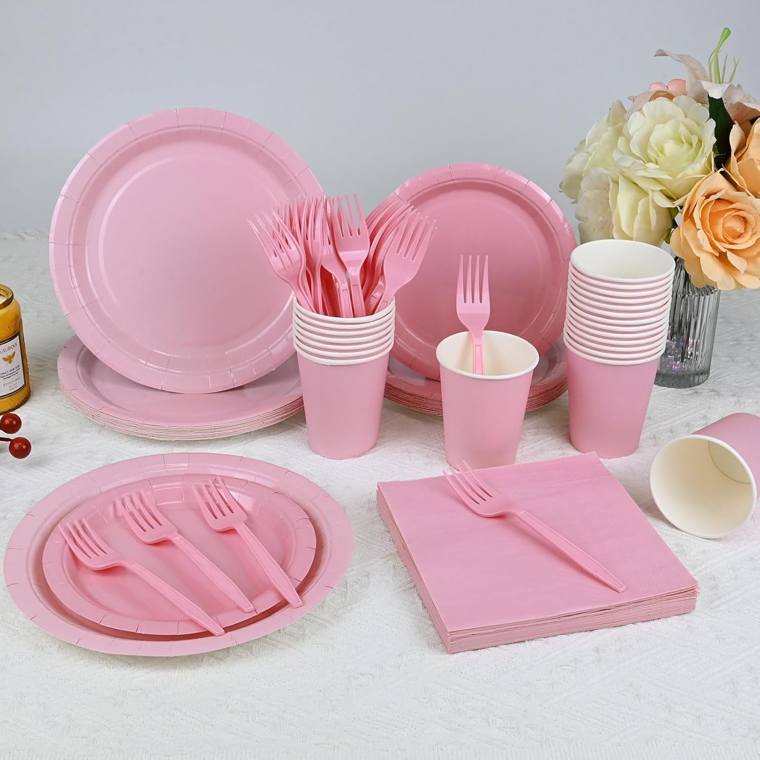 150Pcs Pink Paper Plates Set for 30 Guests - Disposable Plates with 9oz Cups, Dinner Napkins & Forks, Pink Party Supplies for Baby Shower, Birthday, Bridal Shower, Wedding, Gender Reveal - Image 2