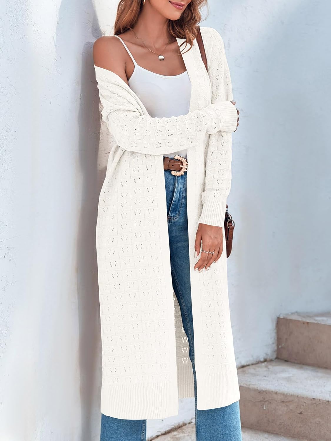 ZoeAce Womens Crochet Maxi Cardigan Sweaters Open Front Knit Long Sleeve Lightweight Duster Cardigan Casual Winter Outfits - Image 3