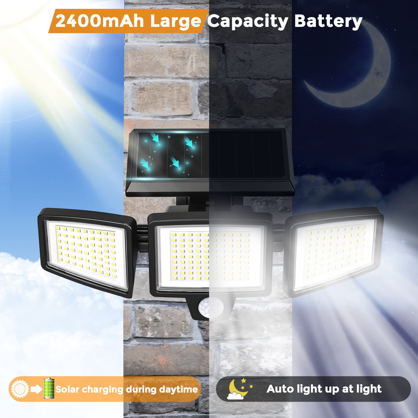 QIYVLOS Solar Lights Outdoor -2 Pack, 210 LED 2500LM Motion Sensor Lights with Remote Control, IPX5 Waterproof, 3 Heads Security LED Flood Light, 360Â° Wide Angle Illumination Wall Light with 3 Modes