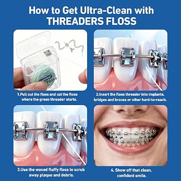RAZOKO Threader Floss for Braces,Implants and Wide Tooth Gaps-130 Count Pre-Measured Strands 2-in-1 Expanding Waxed Dental Floss for Deep Clean,Gentle for Adults & Kids,Light Mint Flavored
