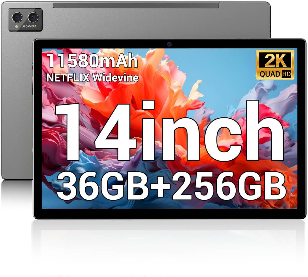 POWMUS 2025 Tablet 14 inch Android 14 Tablets, 2K Display, 256GB Storage(Expand to 1TB),36GB(12+24) RAM, 11580mAh Battery 8 Core CPU,4 Speakers, 5GHz WiFi Tablet with Case-Gray