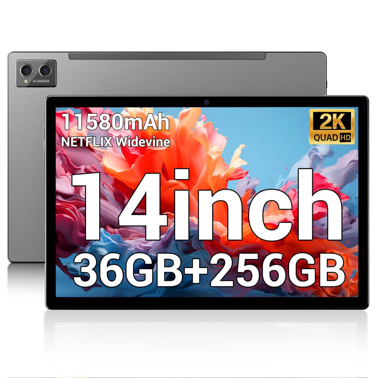 POWMUS 2025 Tablet 14 inch Android 14 Tablets, 2K Display, 256GB Storage(Expand to 1TB),36GB(12+24) RAM, 11580mAh Battery 8 Core CPU,4 Speakers, 5GHz WiFi Tablet with Case-Gray