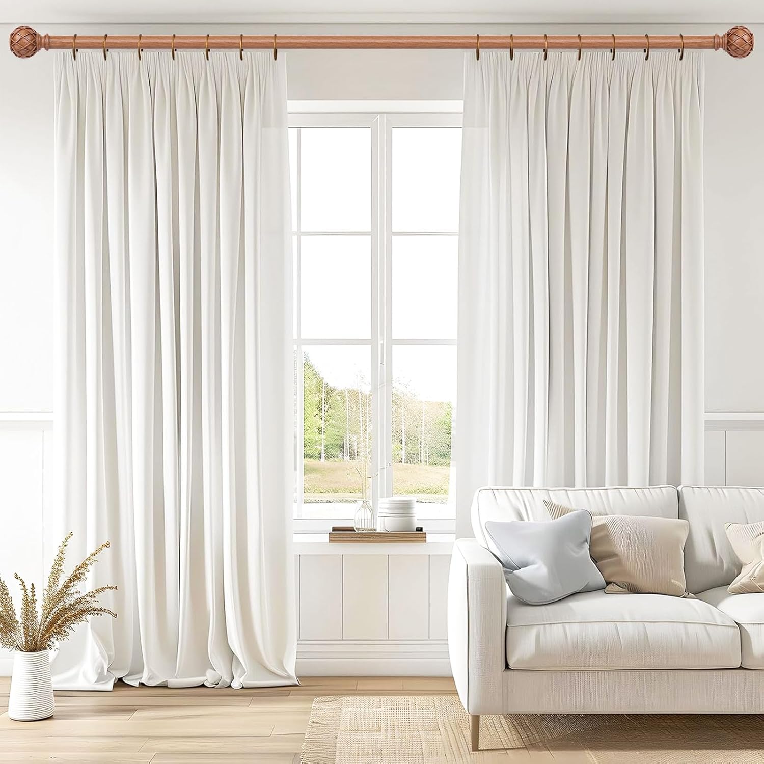 Wood Curtain Rods, 1'' Decorative Adjustable Farmhouse Boho Curtain Rod for Windows 48 to 84 Inch(4-7 Feet), Heavy Duty Rustic Drapery Pole with Netted Texture Finials, Brown Wood, 30''-88''