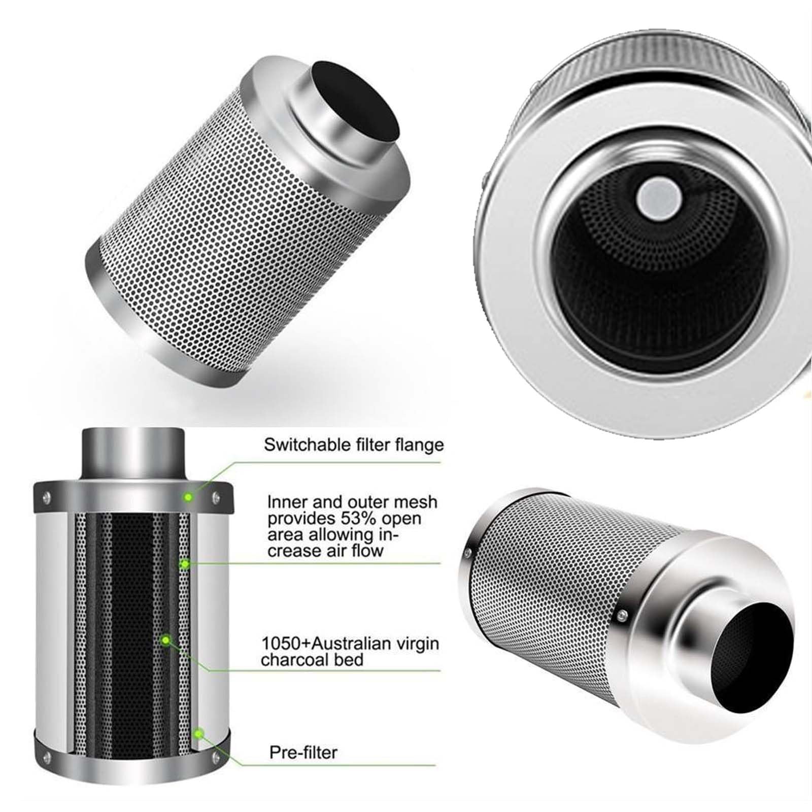 Filtro A Carboni Attivi 100mm - Per Ventilazione, Eliminazione Odori, Flangia Reversibile - 210 CFM