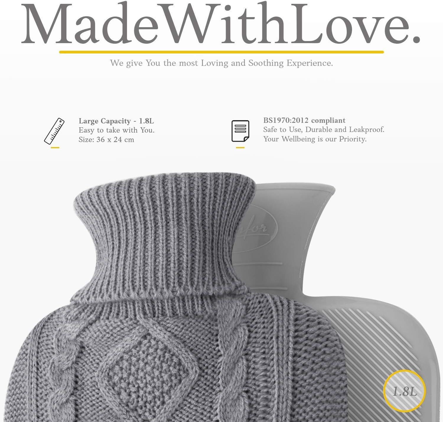 Qomfor Hot Water Bottle with Cover - 1.8L Large - Premium Hot Water Bag with Knitted Sweater Cover - Great for Cramps, Pain Relief & Cozy Nights - Water Heating Pad - Feet & Bed Warmer - Gray : Health & Household