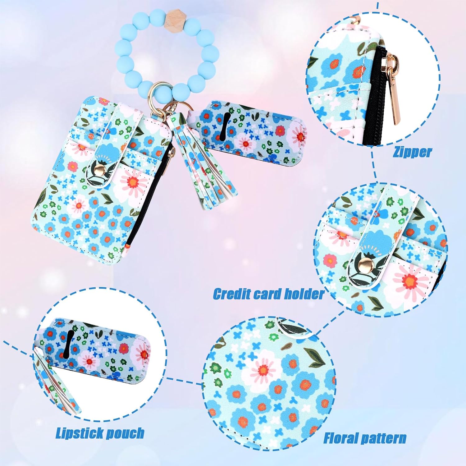 Boho Beaded Keychain Wallet for Women, Wristlet Key Chain Bracelet Wallet with Tassel Charm Floral Pattern Card Holder & Zip Compartment for Credit Cards Tickets & Lipstick(Light Blue)