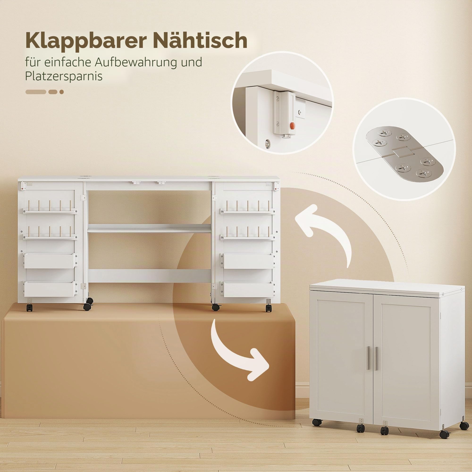 HOMCOM Zusammenklappbarer Nähtisch, Nähmaschinenmöbel auf Rollen mit 2 magnetischen Türen, 4 Behältern, 20 Haken und Aufbewahrungsregal, Nähmaschinenmöbel für Wohnzimmer, Büro, Studio, weiß