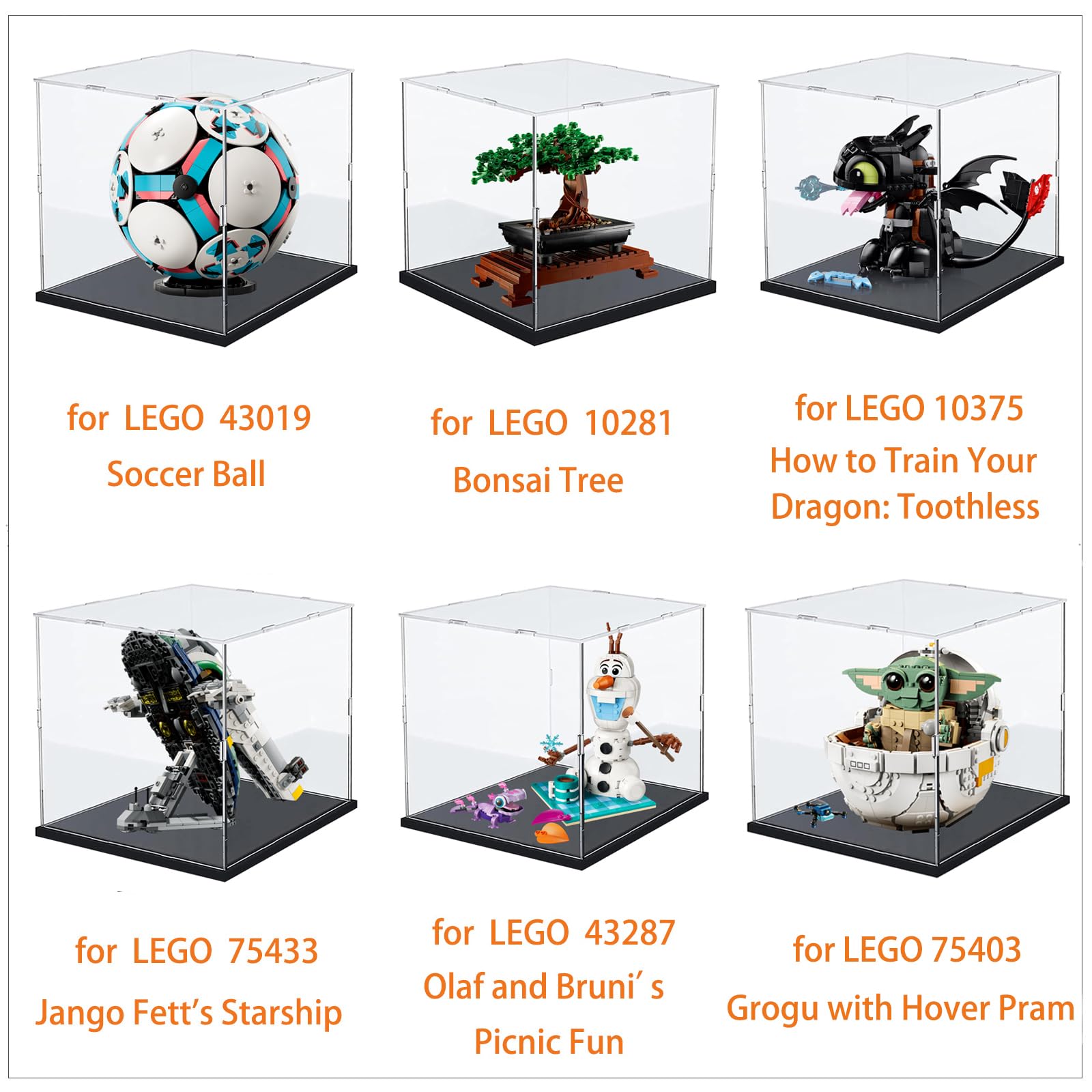Vitrine Acrylique 3mm pour Collection Lego Ballon Foot 43019 Bonsaï 10281 | Boîte Transparente Plexiglas pour 75403 Grogu 75446 10375 Dragons Krokmou 43307 75433 Figurine LED, Noir Intérieur 25x25x25cm
